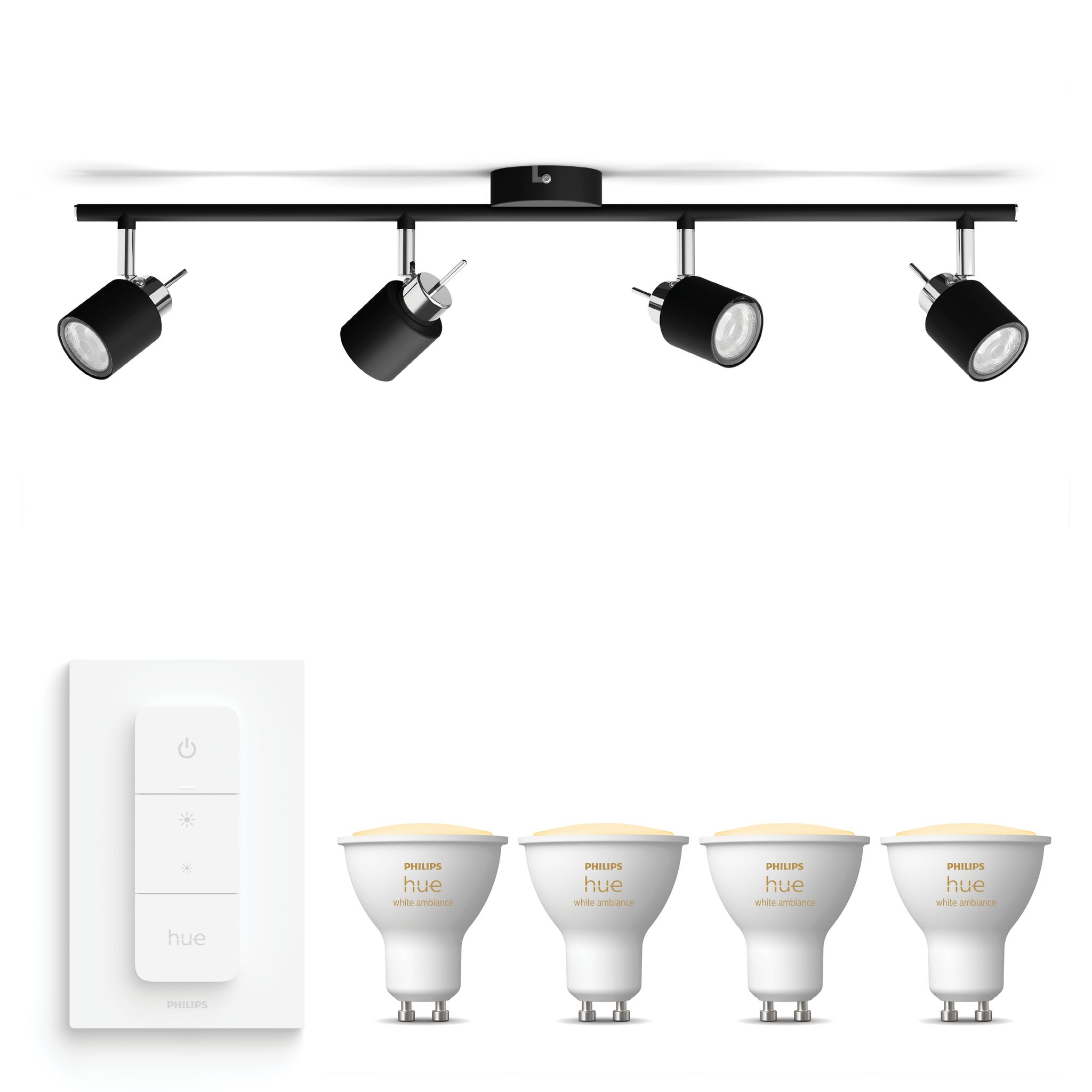 Philips Hue Meranti Aufbauspot Mit 4 Lichtpunkten Gu10 (schwarz) Warm Bis Kaltweißes Licht - Inkl. 1 Dimmschalter - White Ambiance