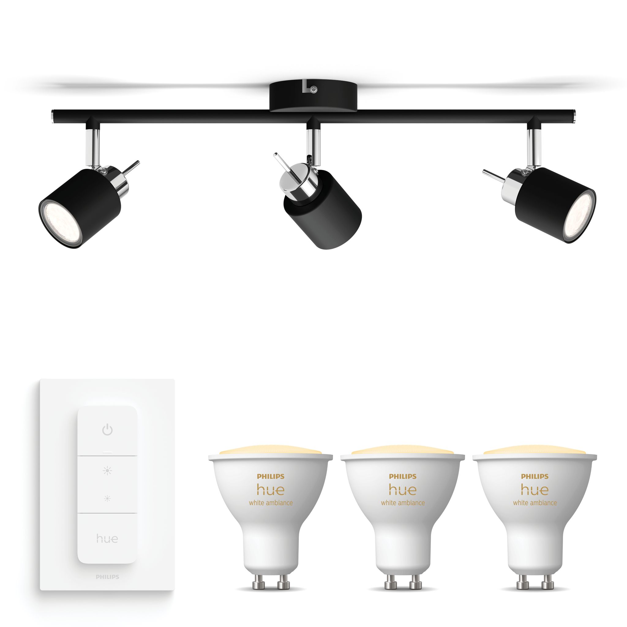 Philips Hue Meranti Aufbauspot Mit 3 Lichtpunkten Gu10 (schwarz) Warm Bis Kaltweißes Licht - Inkl. 1 Dimmschalter - White Ambiance