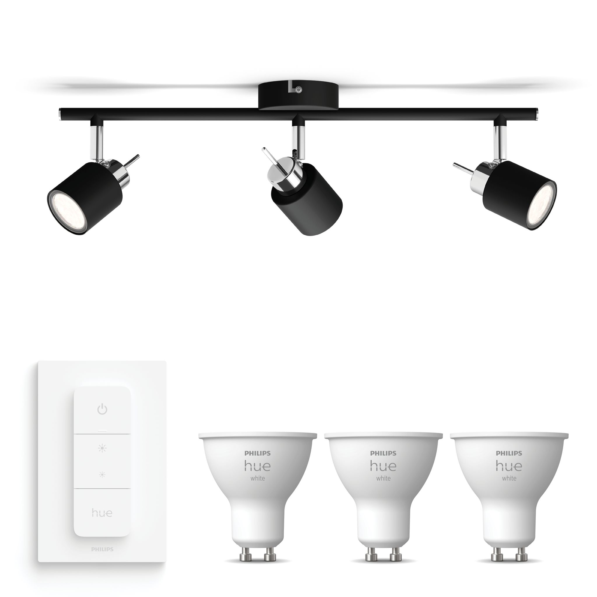 Philips Hue Meranti Aufbauspot Mit 3 Lichtpunkten Gu10 (schwarz) Warmweißes Licht - Inkl. 1 Dimmschalter - White