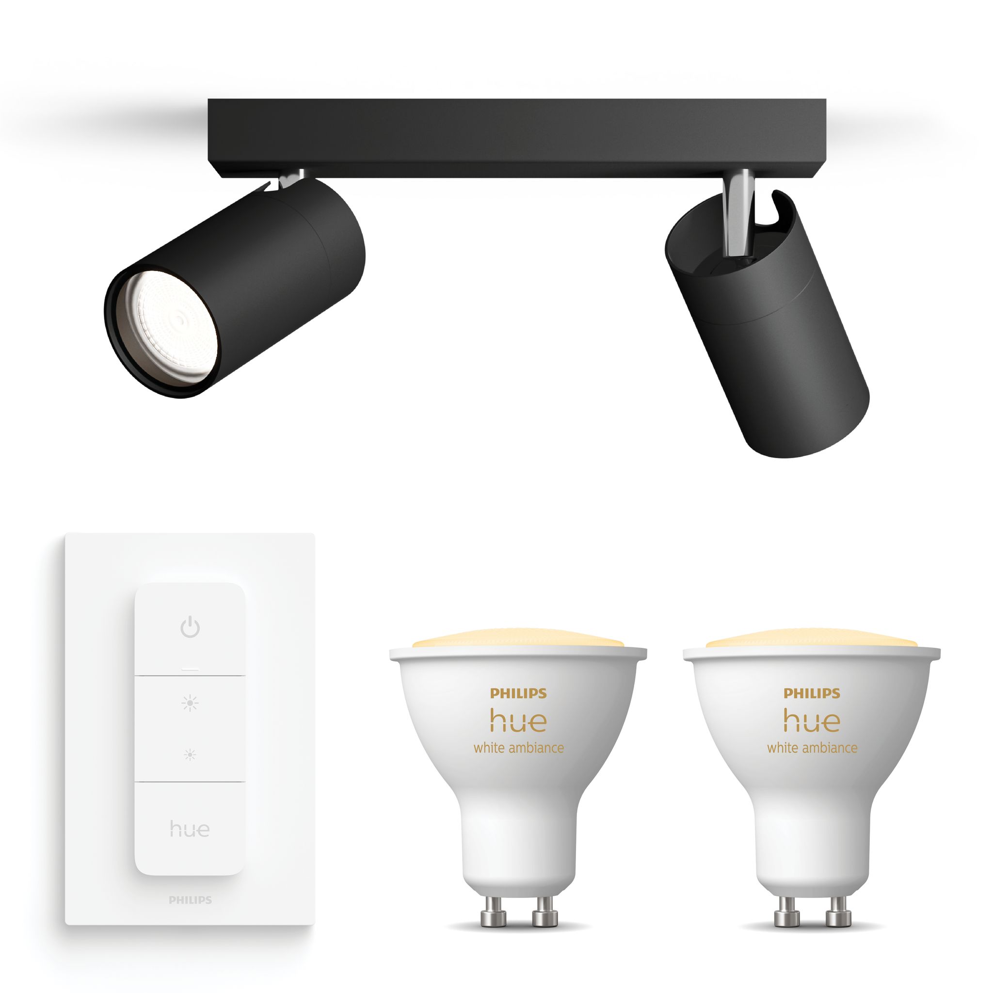 Philips Hue Idris Aufbauspot Für Badezimmer Mit 2 Lichtpunkten Gu10 (schwarz) Warm Bis Kaltweißes Licht - Inkl. 1 Dimmschalter - White Ambiance