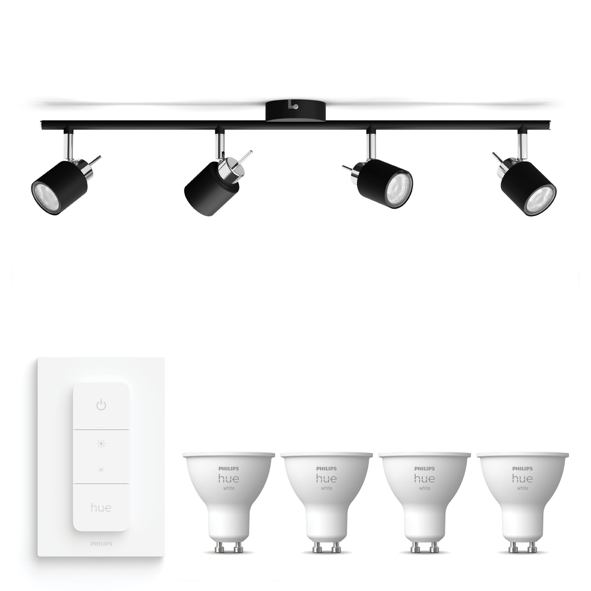 Philips Hue Meranti Aufbauspot Mit 4 Lichtpunkten Gu10 (schwarz) Warmweißes Licht - Inkl. 1 Dimmschalter - White