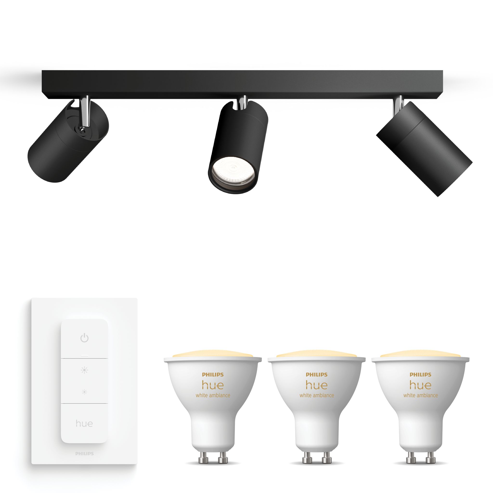 Philips Hue Idris Aufbauspot Für Badezimmer Mit 3 Lichtpunkten Gu10 (schwarz) Warm Bis Kaltweißes Licht - Inkl. 1 Dimmschalter - White Ambiance