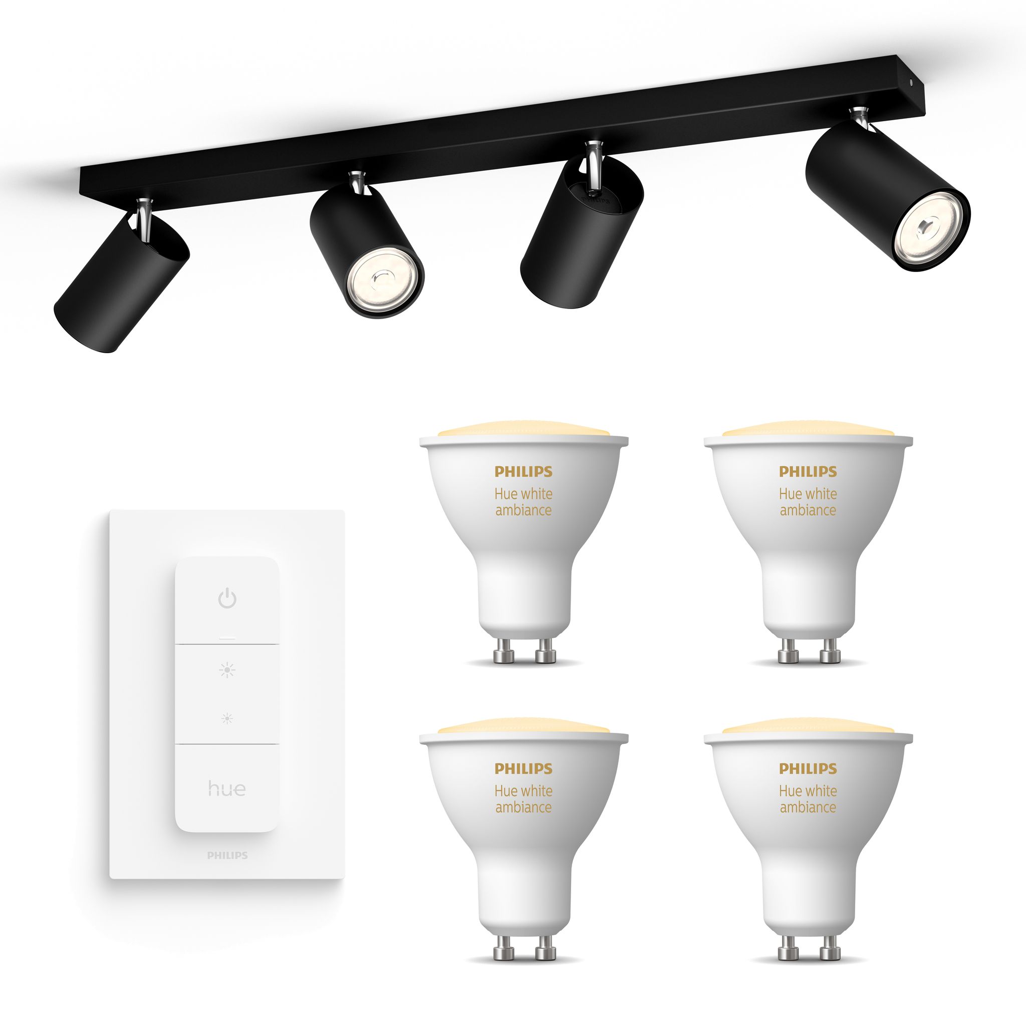 Philips Hue Kosipo Aufbauspot Mit 4 Lichtpunkten Gu10 (schwarz) Warm Bis Kaltweißes Licht - Inkl. 1 Dimmschalter - White Ambiance