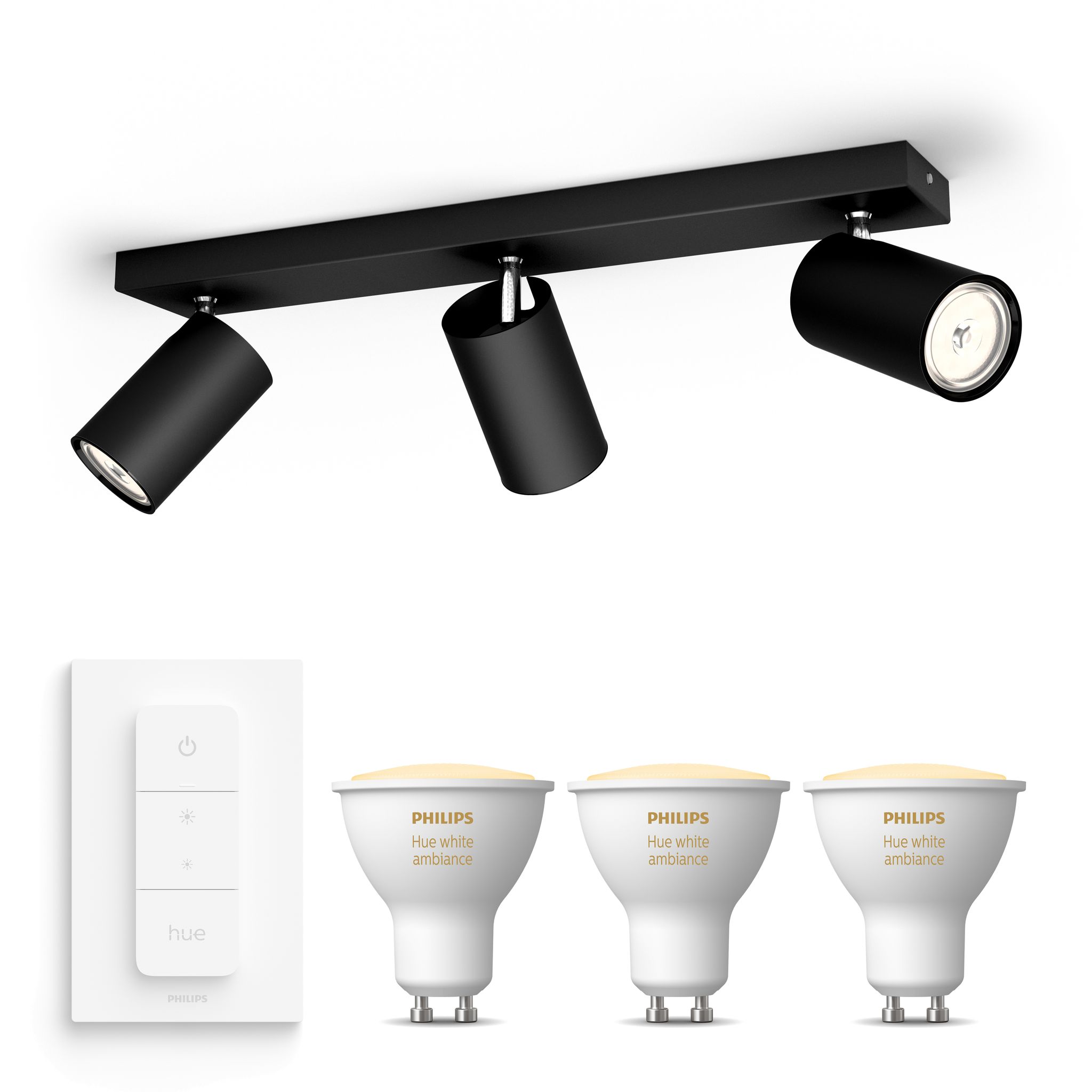 Philips Hue Kosipo Aufbauspot Mit 3 Lichtpunkten Gu10 (schwarz) Warm Bis Kaltweißes Licht - Inkl. 1 Dimmschalter - White Ambiance