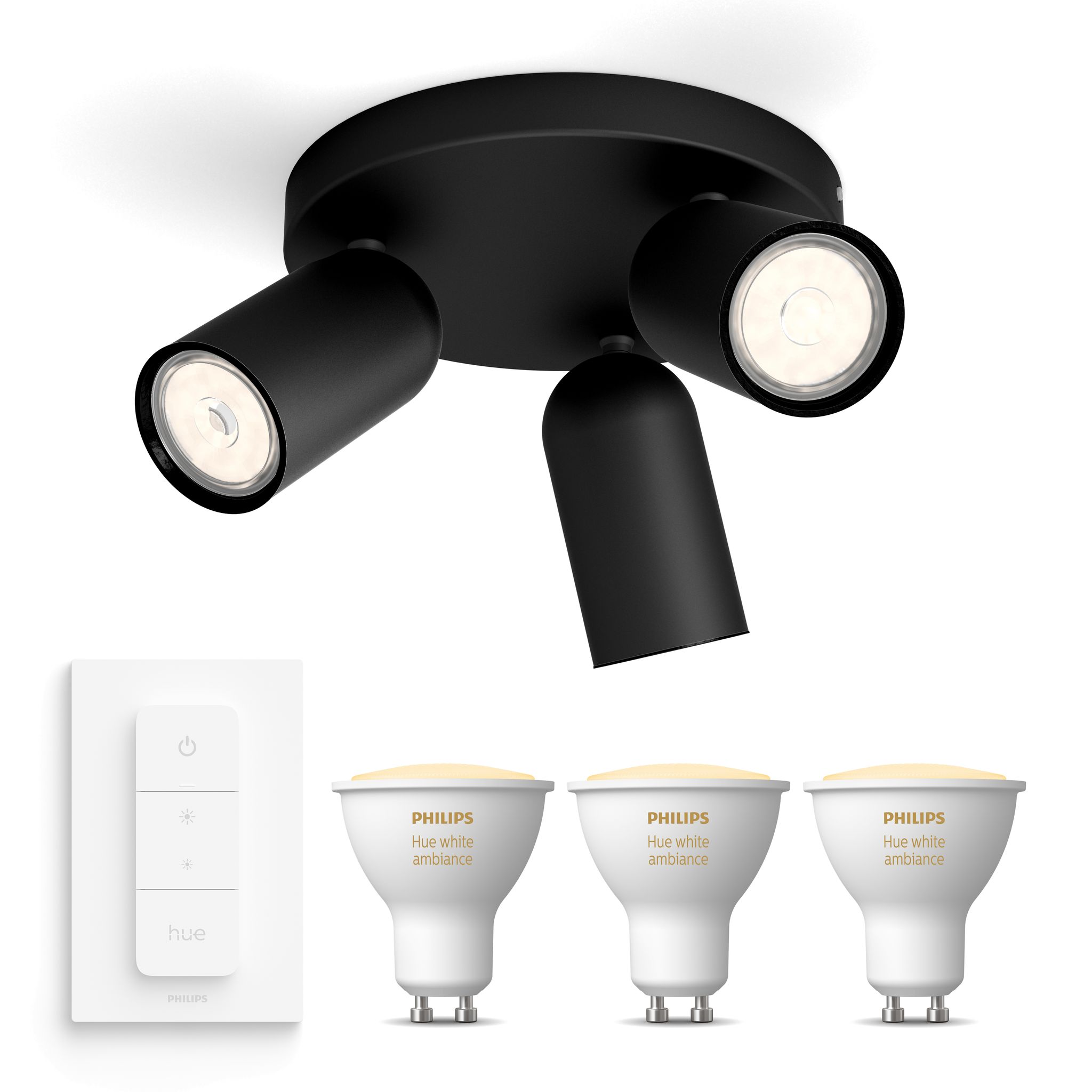 Philips Hue Pongee Aufbauspot Mit 3 Lichtpunkten Gu10 (schwarz) Warm Bis Kaltweißes Licht - Inkl. 1 Dimmschalter - White Ambiance