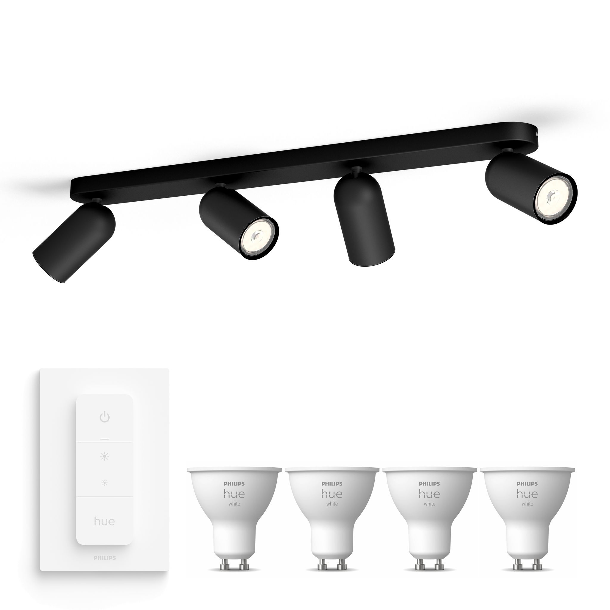 Philips Hue Pongee Aufbauspot Mit 4 Lichtpunkten Gu10 (schwarz) Warmweißes Licht - Inkl. 1 Dimmschalter - White