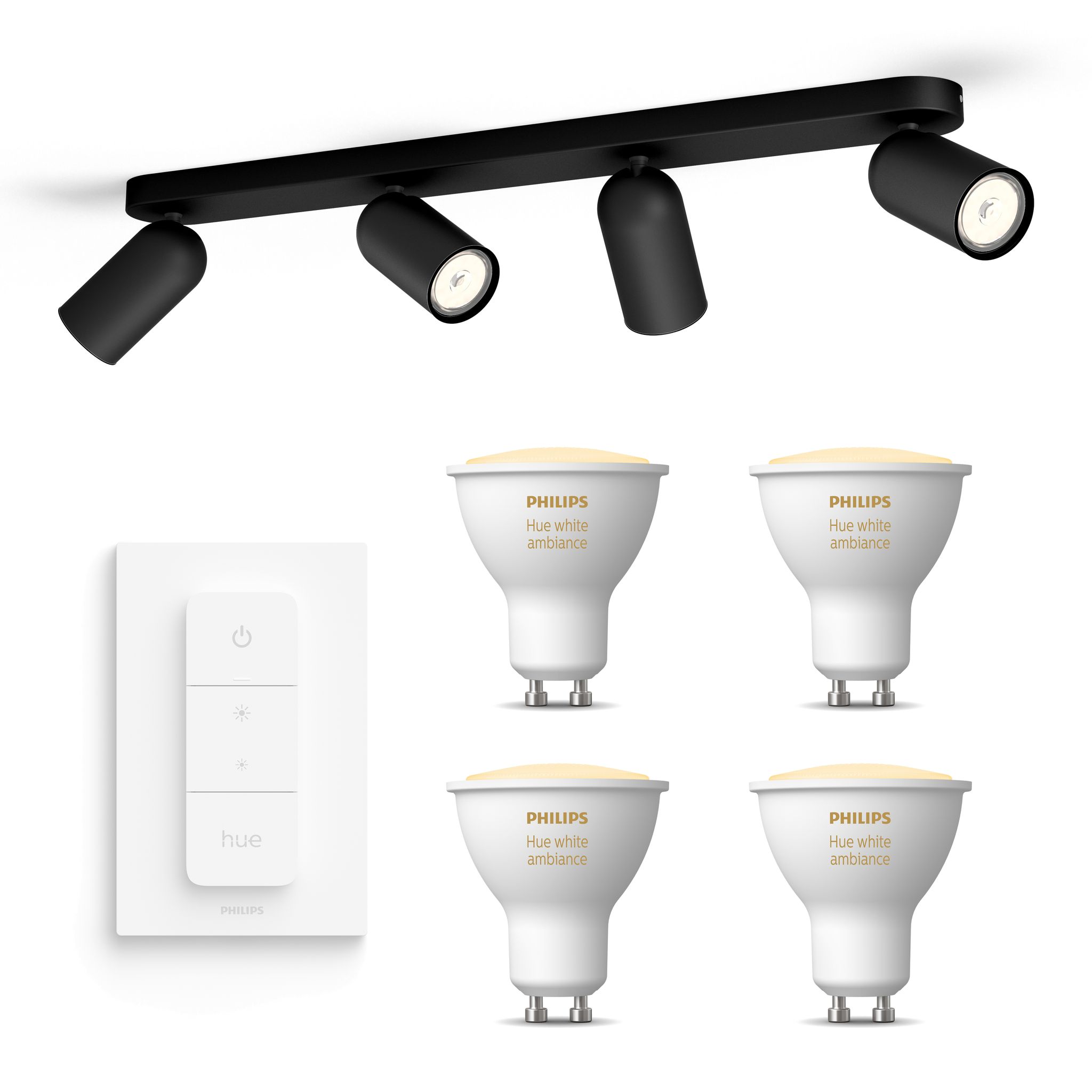 Philips Hue Pongee Aufbauspot Mit 4 Lichtpunkten Gu10 (schwarz) Warm Bis Kaltweißes Licht - Inkl. 1 Dimmschalter - White Ambiance
