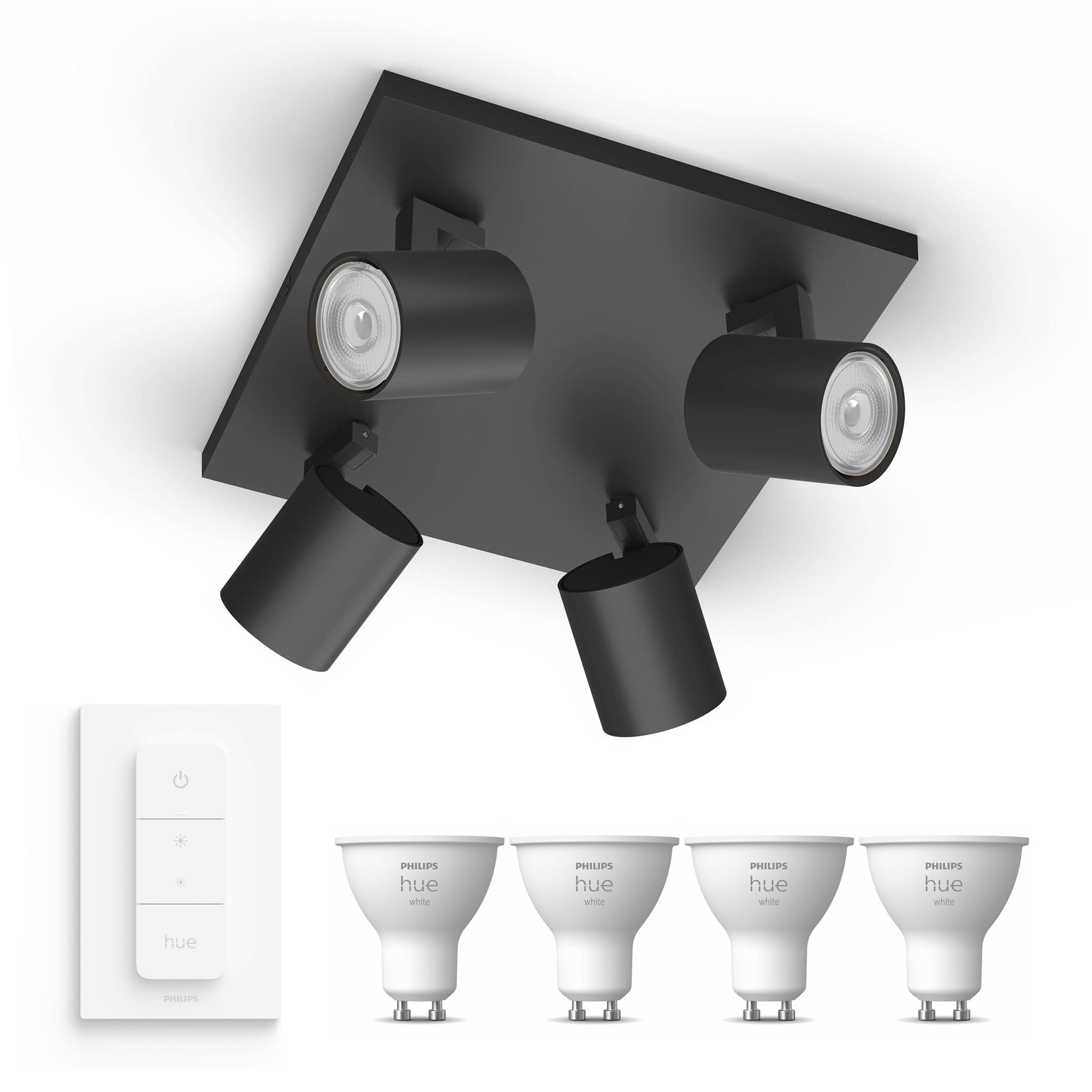 Philips Hue Runner Aufbauspot Mit 4 Lichtpunkten Gu10 (schwarz) Warmweißes Licht - Inkl. 1 Dimmschalter - White