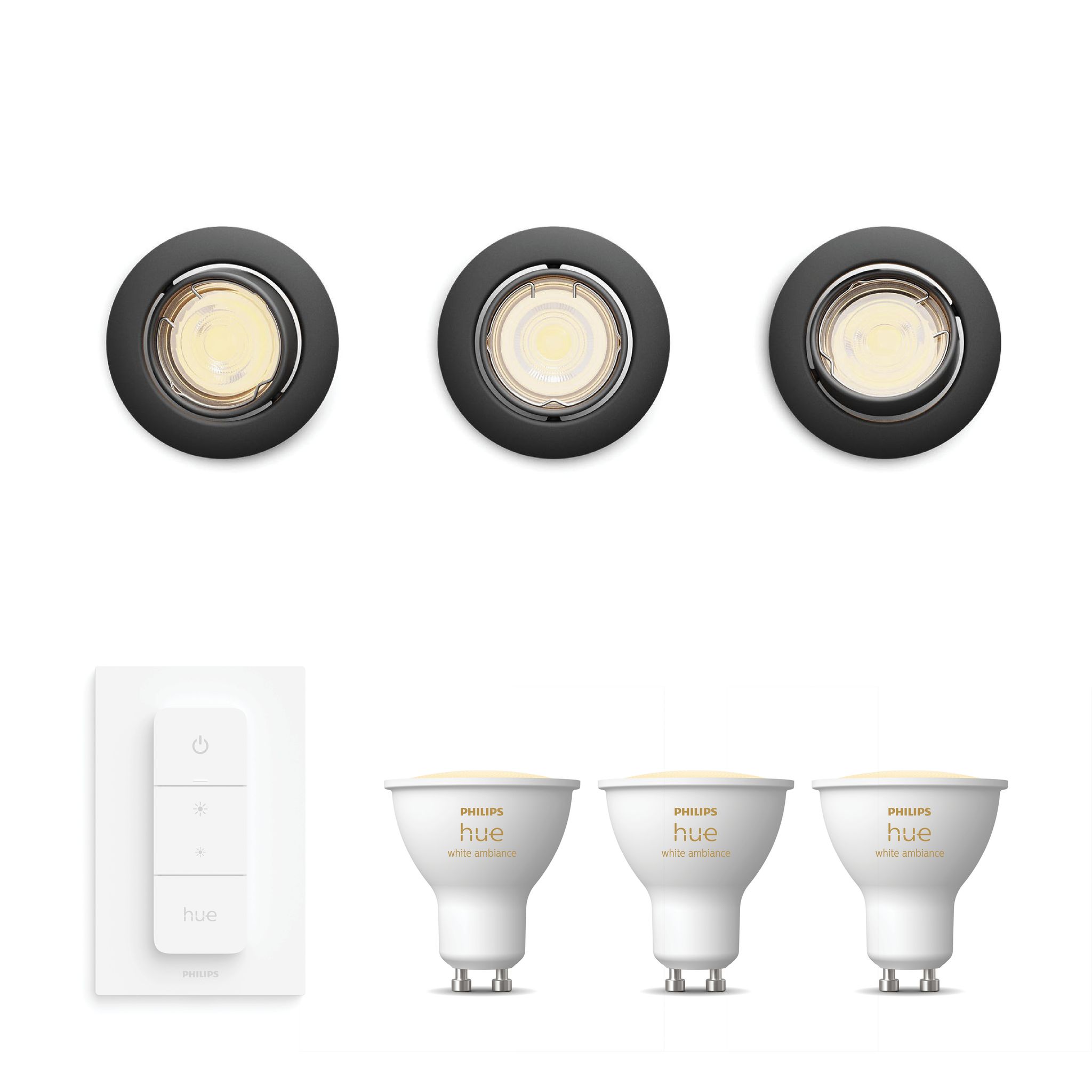Philips Hue Peridot Set Mit 3 Nicht Schwenkbaren Einbaustrahler Gu10 (schwarz) Warm Bis Kaltweißes Licht - Inkl. Dimmschalter - White Ambiance