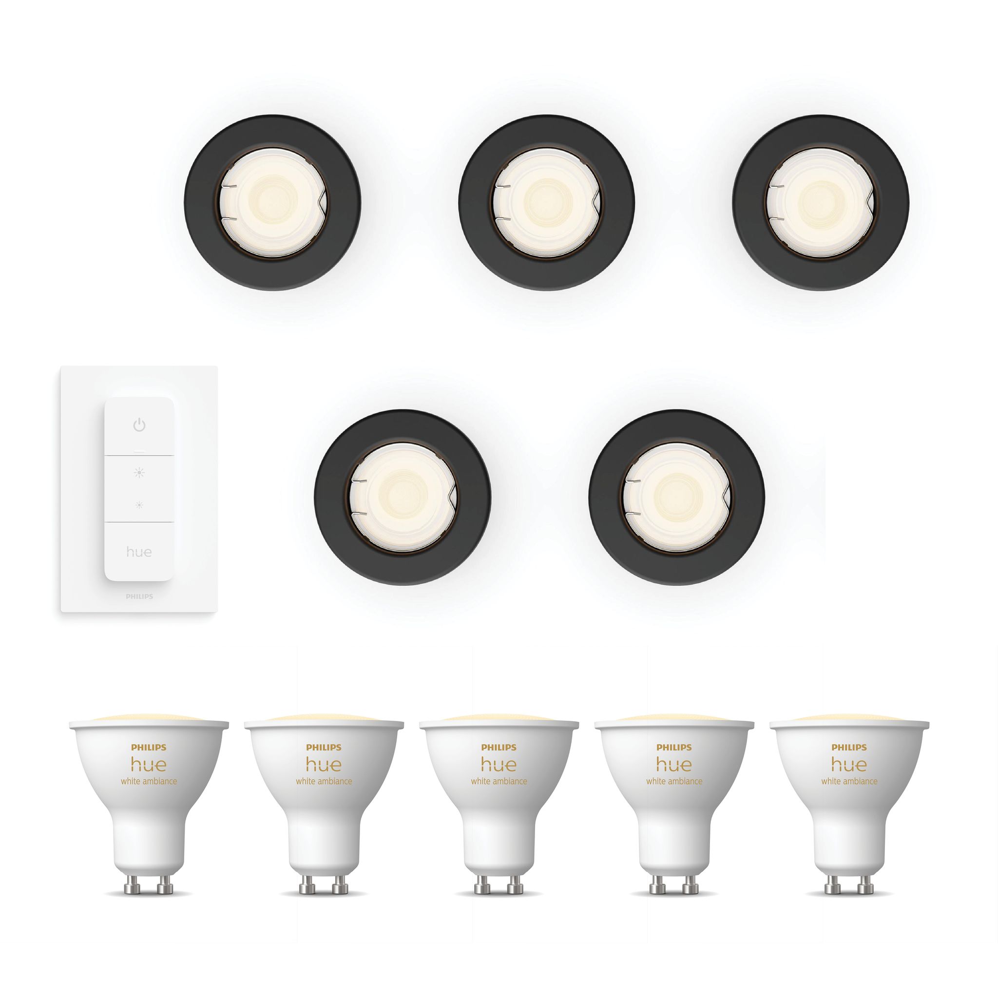 Philips Hue Peridot Set Mit 5 Nicht Schwenkbaren Einbaustrahler Gu10 (schwarz) Warm Bis Kaltweißes Licht - Inkl. Dimmschalter - White Ambiance