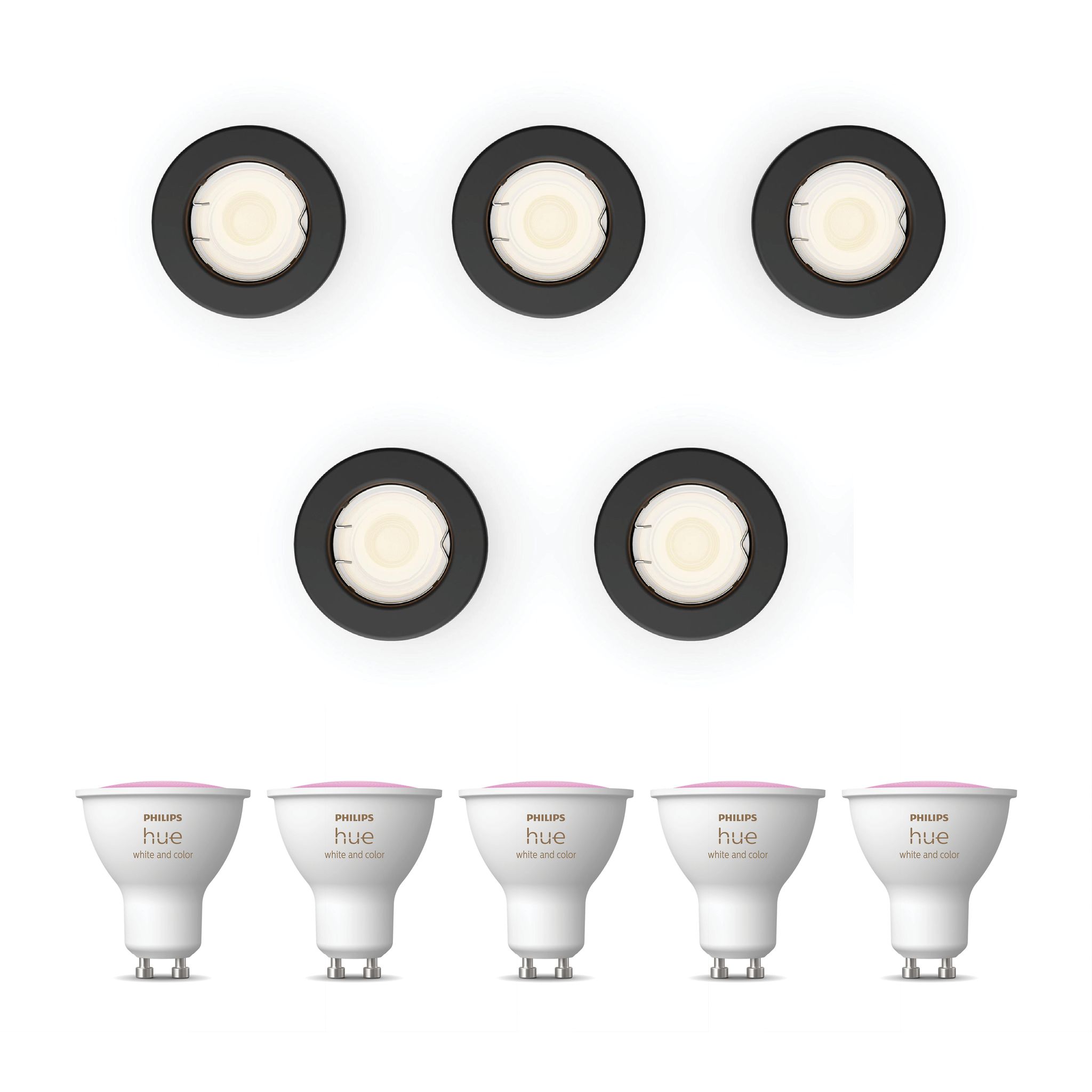 Philips Hue Peridot Set Mit 5 Nicht Schwenkbaren Einbaustrahler Gu10 (schwarz) Weißes Und Farbiges Licht - White And Color Ambiance