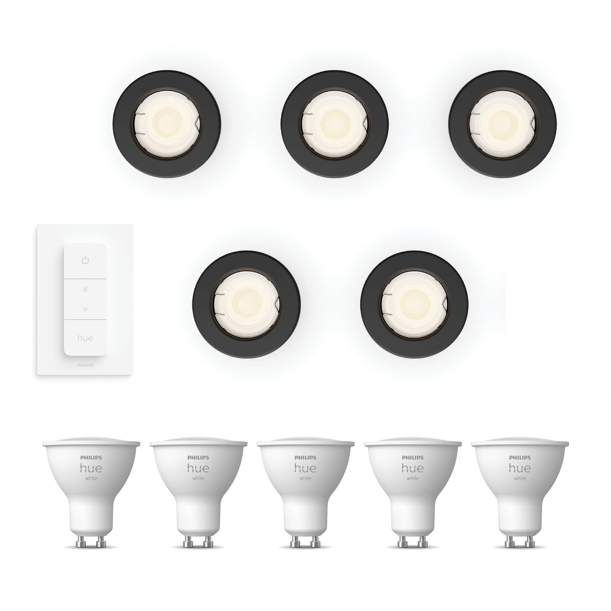 Philips Hue Peridot Set Mit 5 Nicht Schwenkbaren Einbaustrahler Gu10 (schwarz) Warmweißes Licht - Inkl. Dimmschalter - White