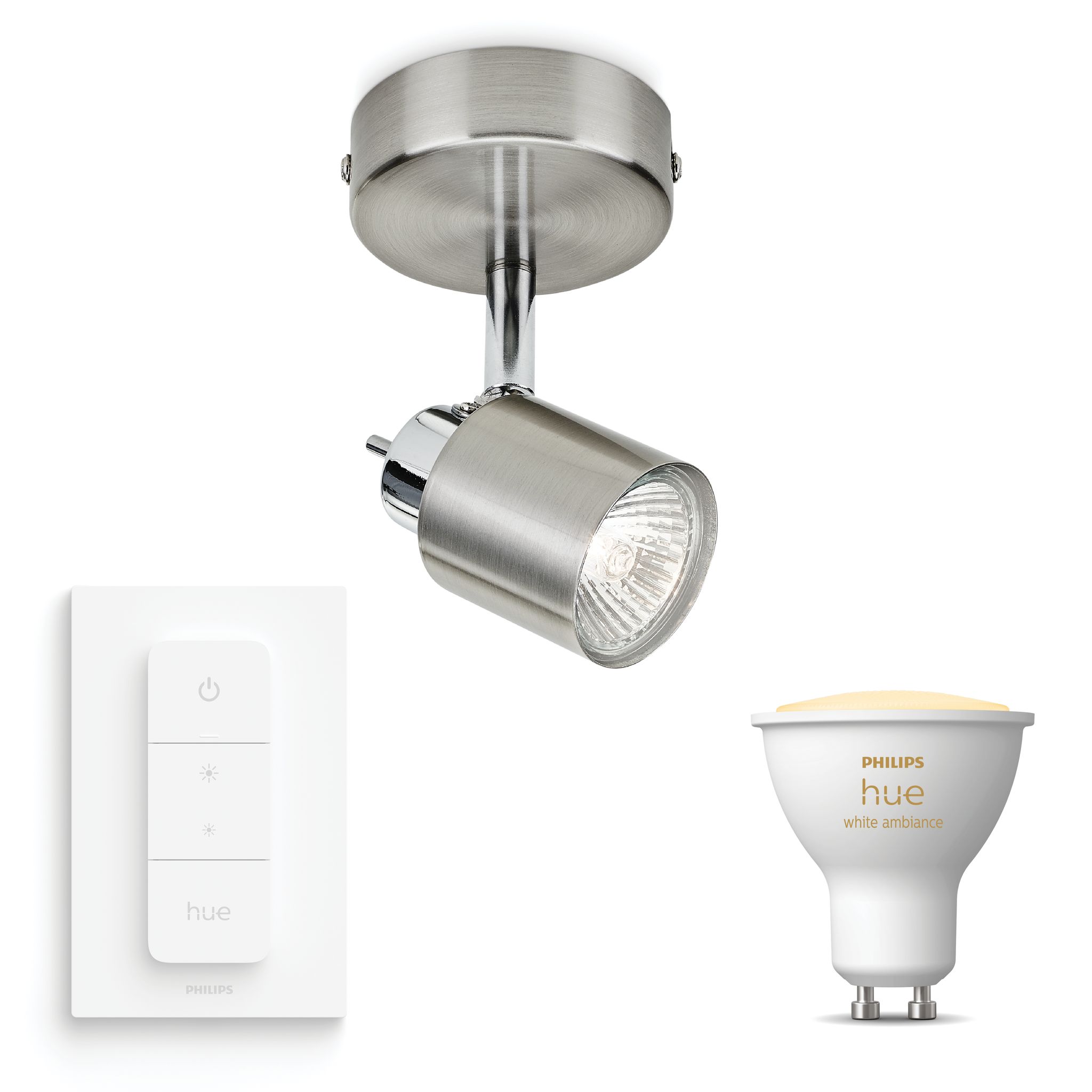 Philips Hue Meranti Aufbauspot Mit 1 Lichtpunkt Gu10 (mattchrom) Warm Bis Kaltweißes Licht - Inkl. 1 Dimmschalter - White Ambiance