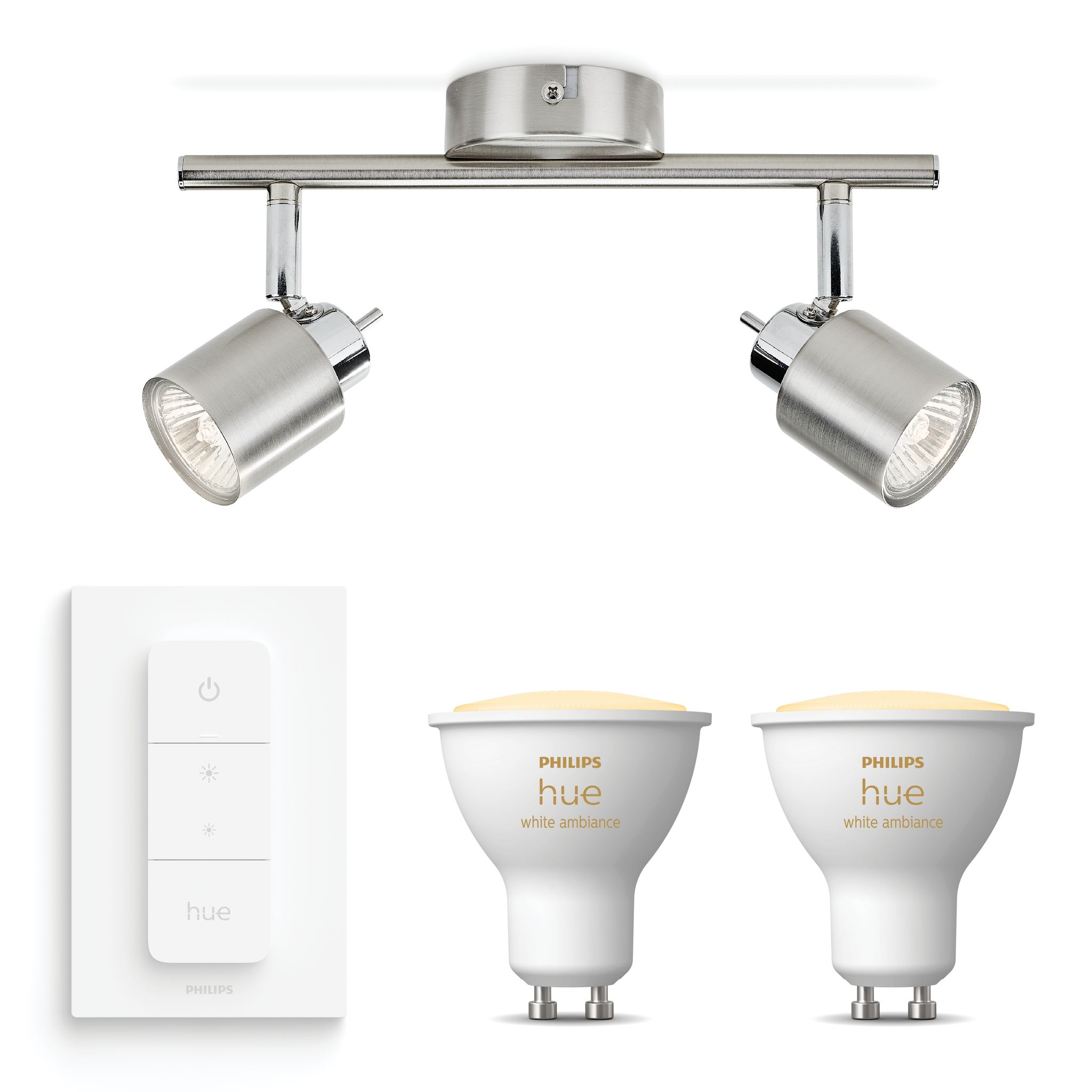 Philips Hue Meranti Aufbauspot Mit 2 Lichtpunkten Gu10 (mattchrom) Warm Bis Kaltweißes Licht - Inkl. 1 Dimmschalter - White Ambiance