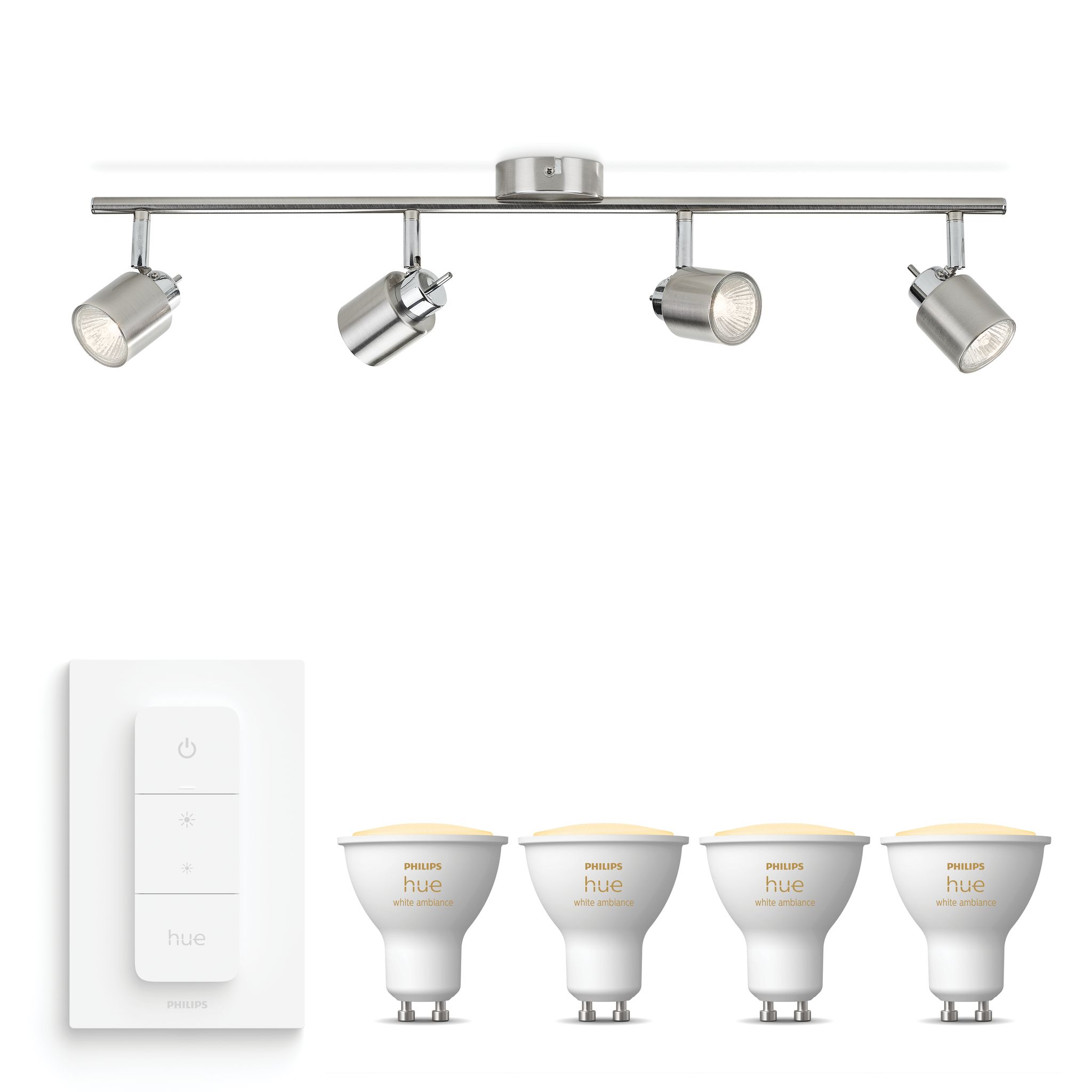 Philips Hue Meranti Aufbauspot Mit 4 Lichtpunkten Gu10 (mattchrom) Warm Bis Kaltweißes Licht - Inkl. 1 Dimmschalter - White Ambiance