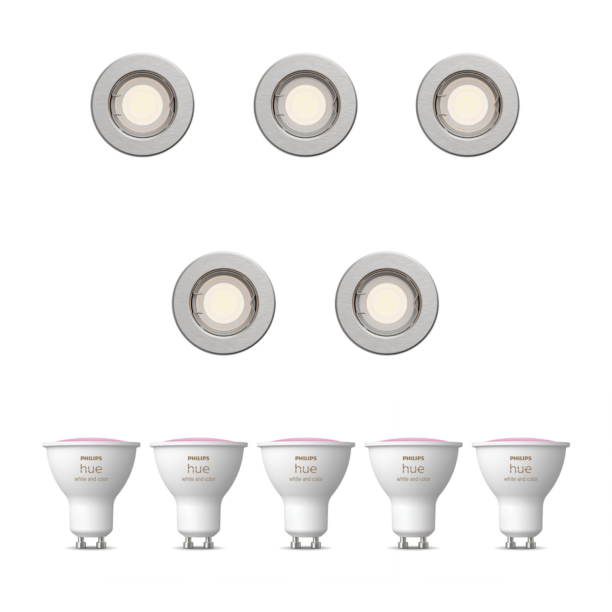 Philips Hue Peridot Set Mit 5 Nicht Schwenkbaren Einbaustrahler Gu10 (nickel) Weißes Und Farbiges Licht - White And Color Ambiance