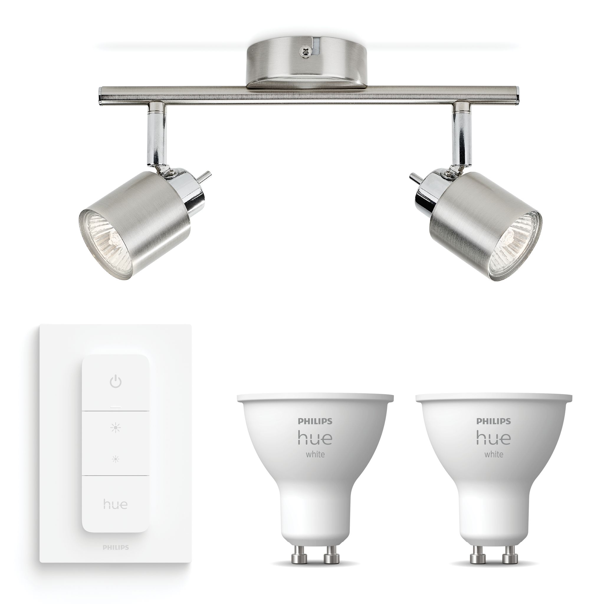 Philips Hue Meranti Aufbauspot Mit 2 Lichtpunkten Gu10 (mattchrom) Warmweißes Licht - Inkl. 1 Dimmschalter - White