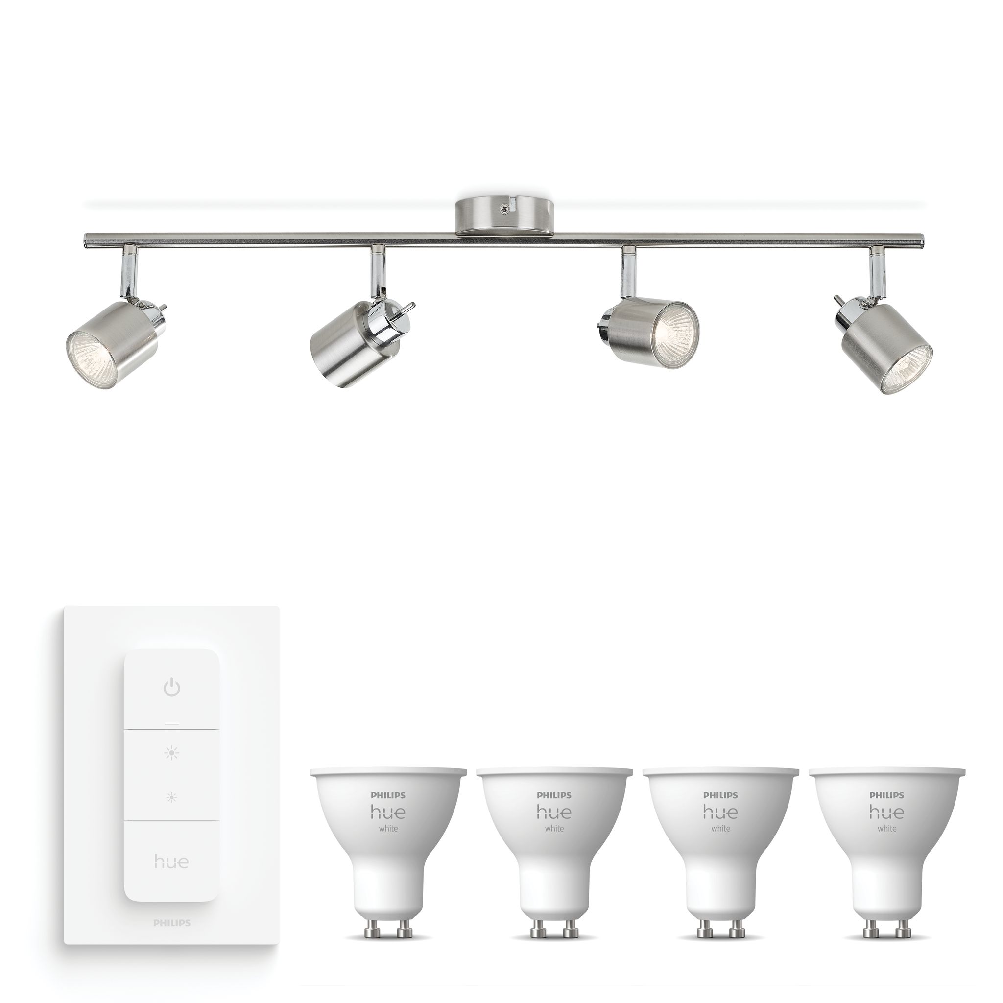 Philips Hue Meranti Aufbauspot Mit 4 Lichtpunkten Gu10 (mattchrom) Warmweißes Licht - Inkl. 1 Dimmschalter - White