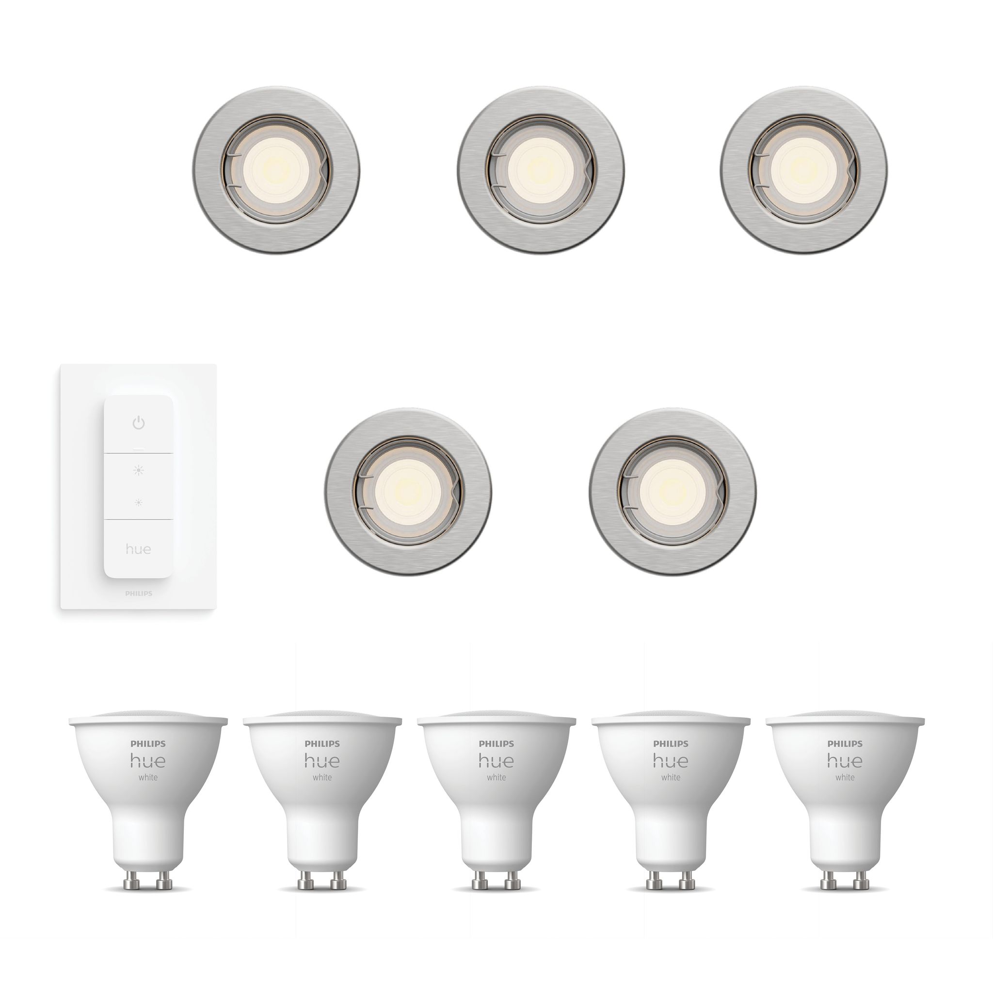 Philips Hue Peridot Set Mit 5 Nicht Schwenkbaren Einbaustrahler Gu10 (nickel) Warmweißes Licht - Inkl. Dimmschalter - White