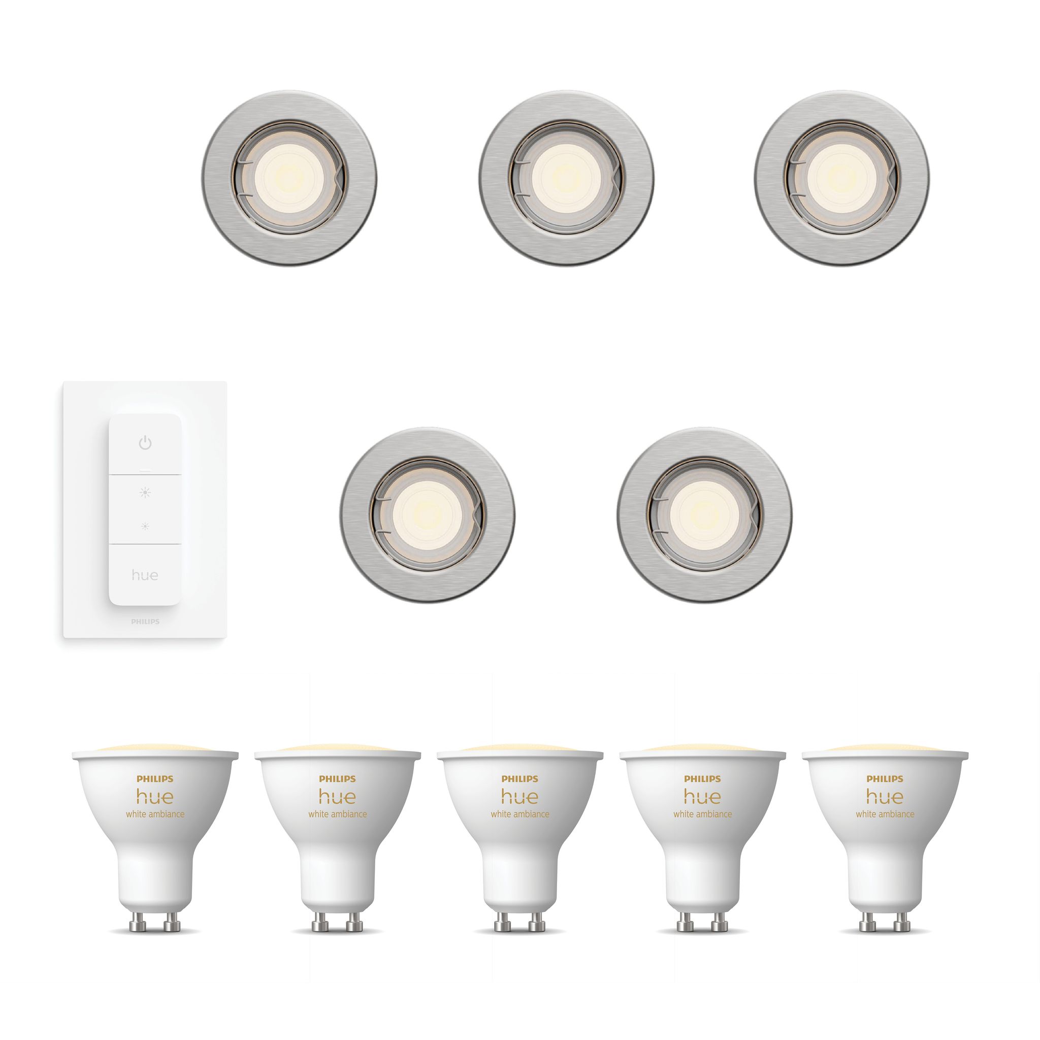 Philips Hue Peridot Set Mit 5 Nicht Schwenkbaren Einbaustrahler Gu10 (nickel) Warm Bis Kaltweißes Licht - Inkl. Dimmschalter - White Ambiance