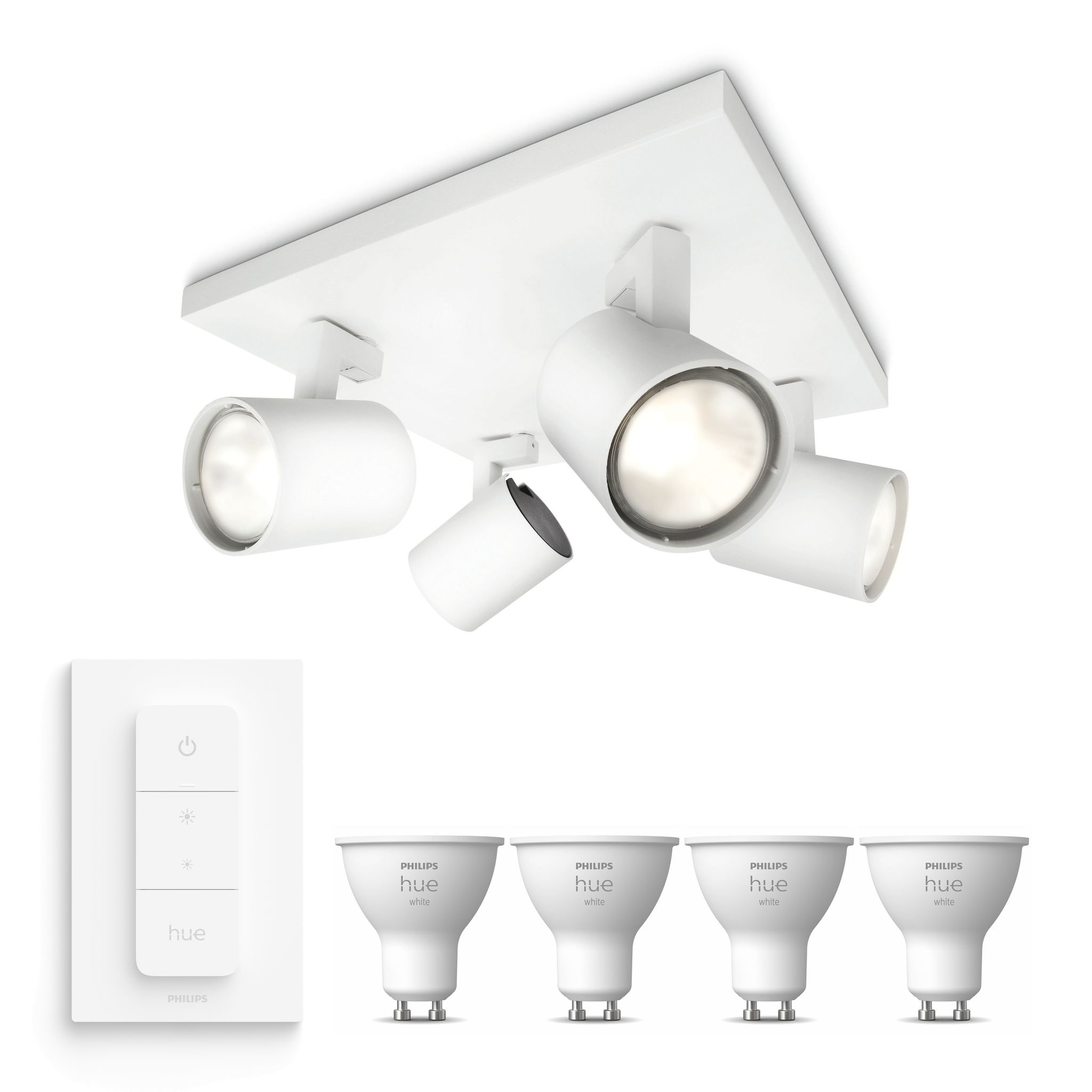 Philips Hue Runner Aufbauspot Mit 4 Lichtpunkten Gu10 (weiß) Warmweißes Licht - Inkl. 1 Dimmschalter - White