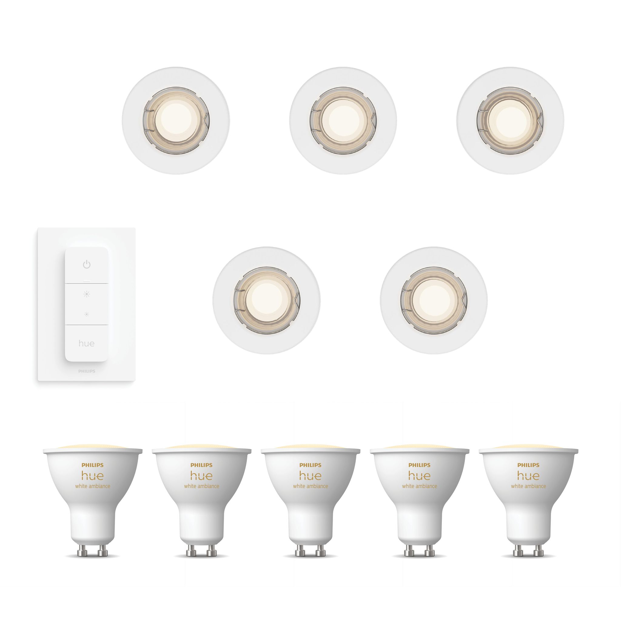 Philips Hue Peridot Set Mit 5 Nicht Schwenkbaren Einbaustrahler Gu10 (weiß) Warm Bis Kaltweißes Licht - Inkl. Dimmschalter - White Ambiance