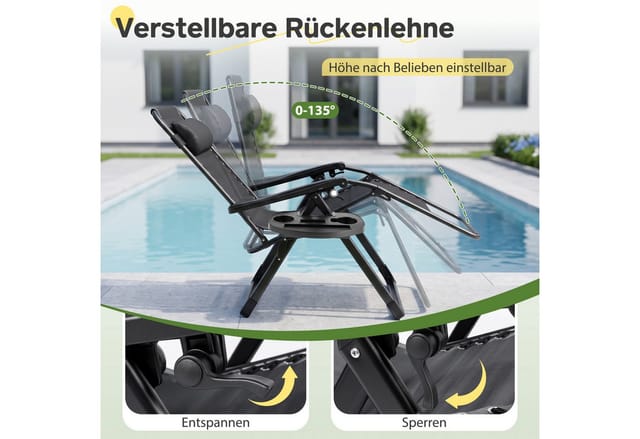 Sekey Xxl Gartenliege Klappbar Mit 74 Cm Breiter Liegefläche, Auflage, Verstellbarer Rückenlehne Und Kopfkissen, Bis 150 Kg, Schwarz