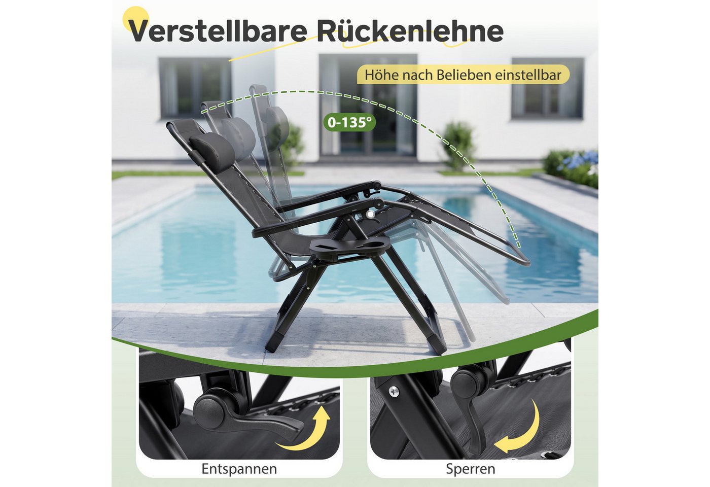 Sekey Gartenliege Sonnenliege Klappbar, 3-fach Verstellbar Bis 150 Kg, Mit Auflage, Nackenkissen Und Getränkehalter, Schwarz Bild 3