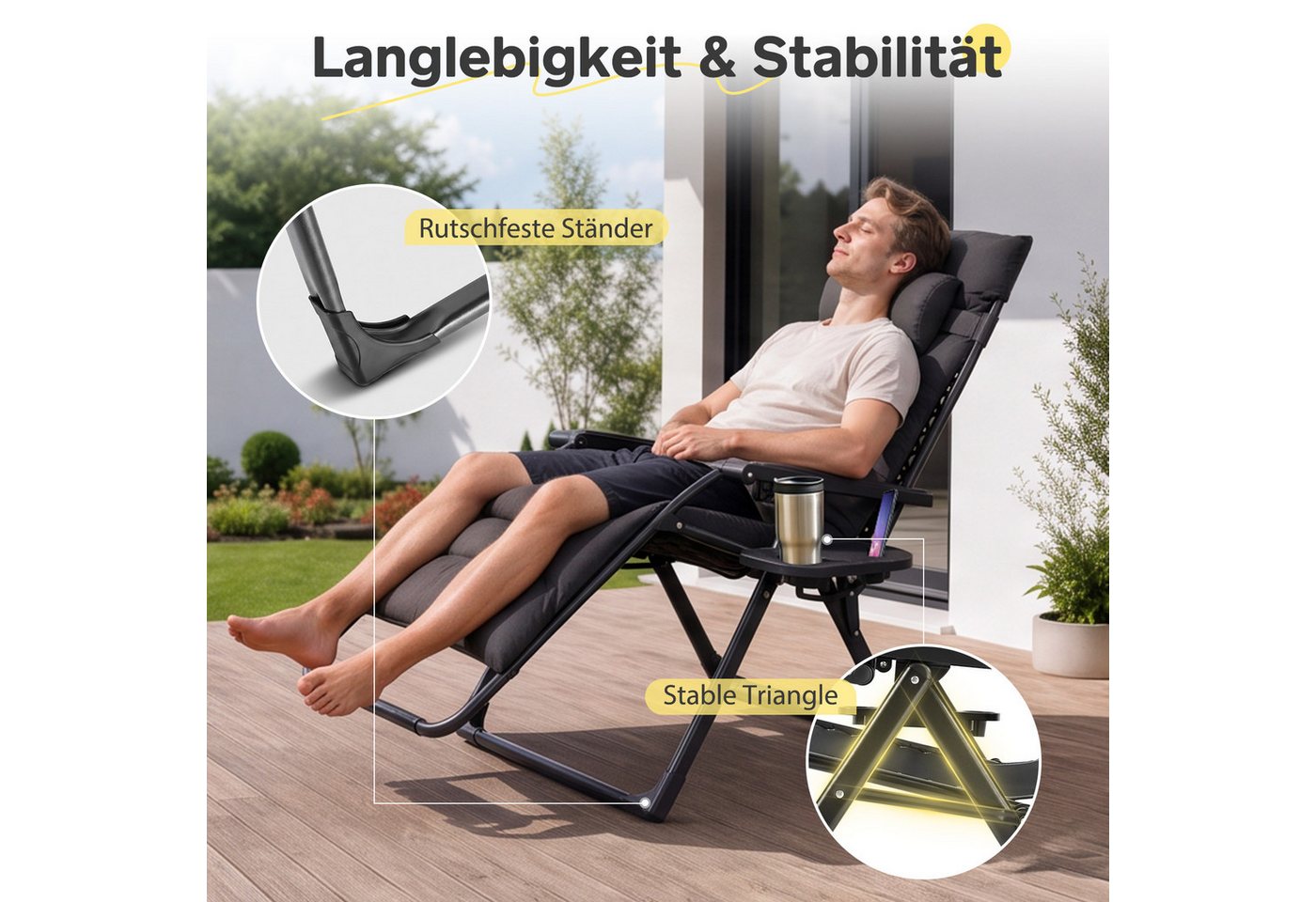 Sekey Gartenliege Sonnenliege Klappbar, 3-fach Verstellbar Bis 150 Kg, Mit Auflage, Nackenkissen Und Getränkehalter, Schwarz Bild 5