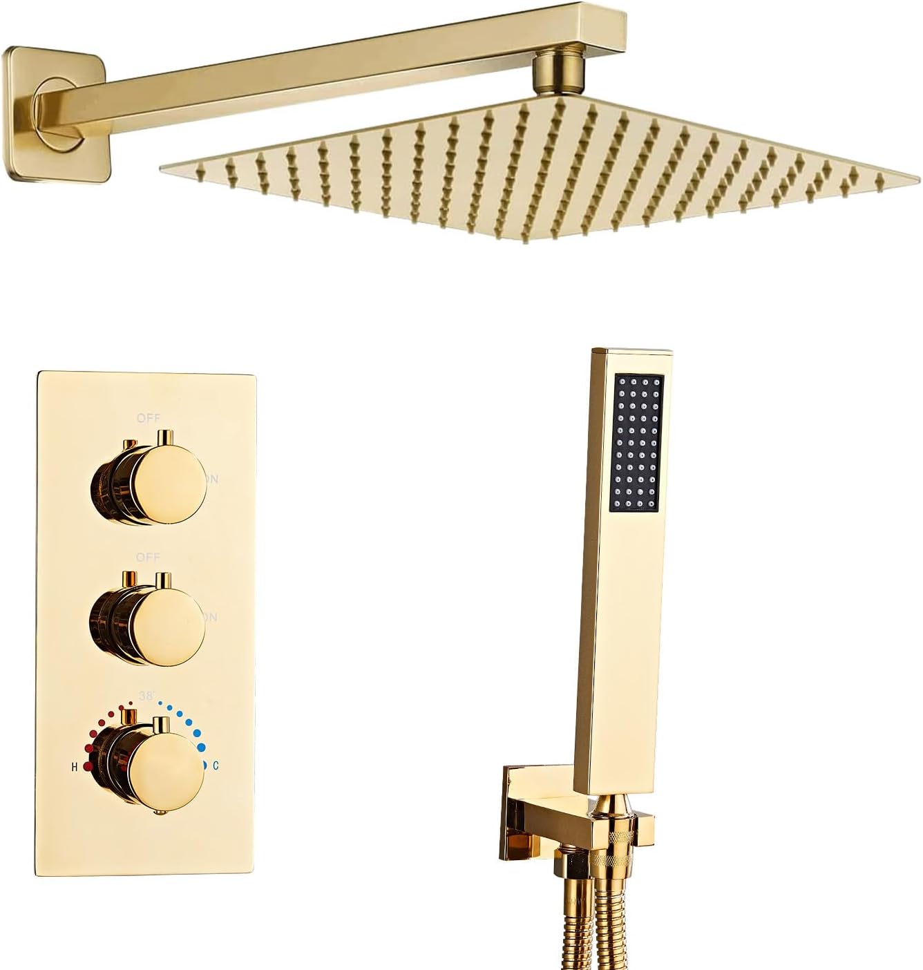 Einbaudusche Mit Thermostatmischer, Poliertes Gold Quadratische Regendusche 40 X 40 Cm, Leicht Zu Reinigende Silikondüsen Verdecktes Design Keine Wandschäden Bei Der Installation