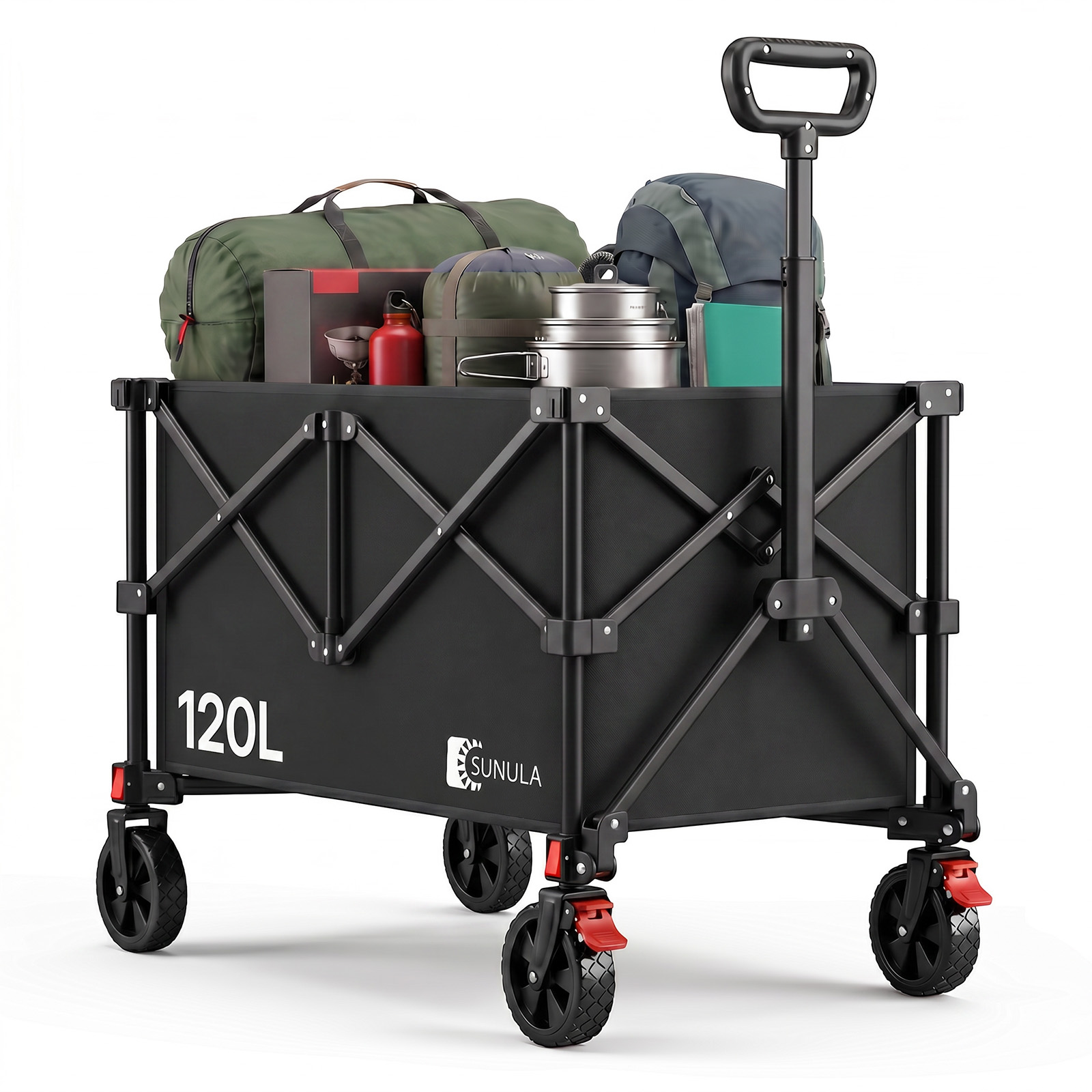 Sekey Bollerwagen Faltbar 120 L, Transportwagen Bis 80 Kg, 4-seitig Faltbarer Handwagen Für Camping, Garten, Einkauf & Sport, Schwarz