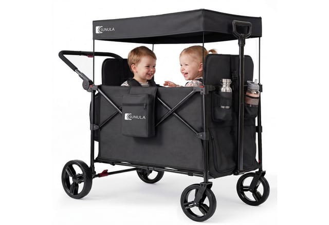 Sunula Faltbar Bollerwagen Mit Dach Und Xxl-rädern (25/20 Cm), Schiebe- Und Zieh Funktion, Schwarz