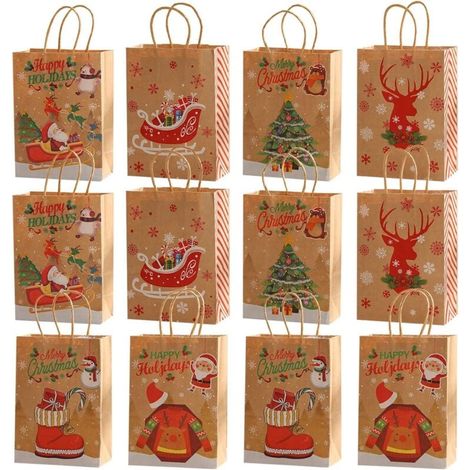 Set Mit 12 Weihnachtsgeschenktüten Aus Kraftpapier – 21 X 15 X 8 Cm Mit Henkel – Klassische Designs Für Süßigkeiten Und Kekse