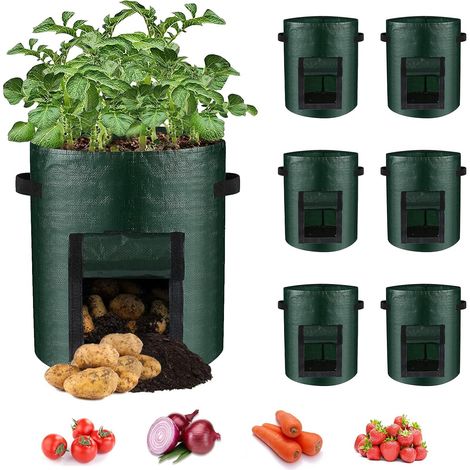 Set Mit 6 Grünen Pflanzsäcken (25 X 22 Cm) Für Kartoffeln Mit Klappfenster Und Griff Für Gemüse