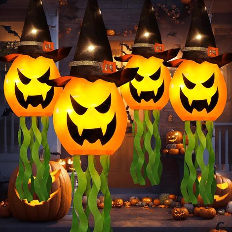 Halloween-pendelleuchte, Warmweißes Licht, 2060 Cm, 4 Hexenhut-kürbis-ornamente, Leuchtmittel Für Hof, Terrasse Und Garten