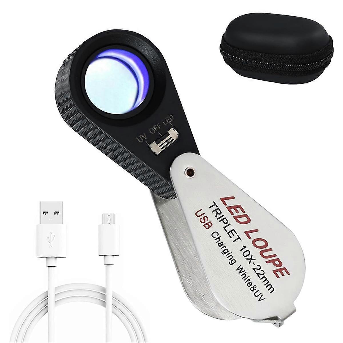10-fache Juwelierlupe Mit Uv- Und Led-licht, Wiederaufladbar, Kompatibel Mit Vergrößerungsgläsern Mit 22-mm-optikglas-triplett.