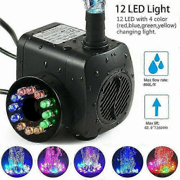 Springbrunnenpumpe 15 W 800 L/h, Gartenteichpumpe, Springbrunnenpumpe, Gartenpumpe, Springbrunnenpumpe Mit 12 Leds