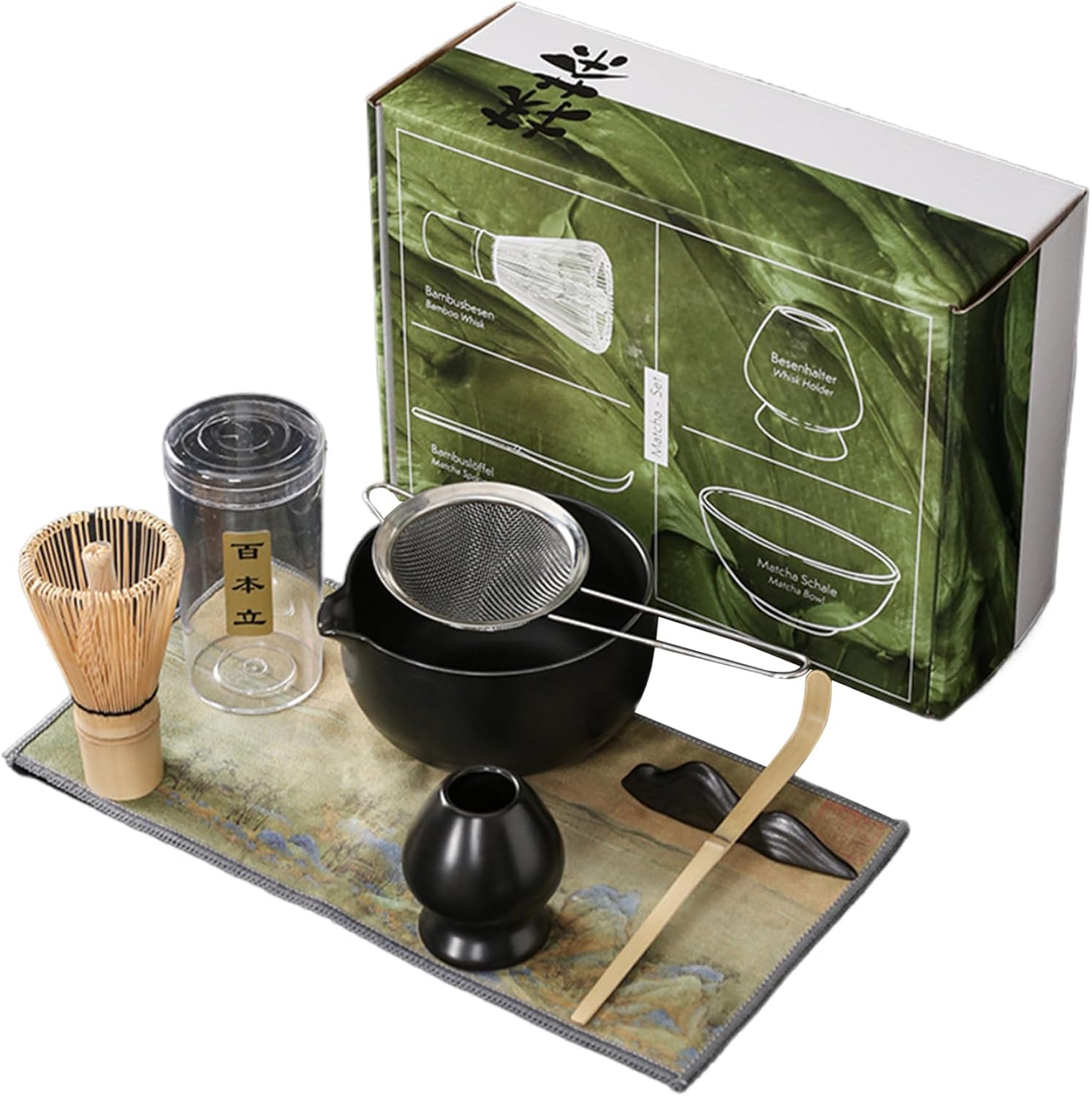 7-teiliges Matcha-set, Bestehend Aus Passender Schale, Bambusbesenhalter, Matcha-schal, Teelöffel, Löffelhalter Und Geschirrtuch, Japanisches Teeservice, Schwarz