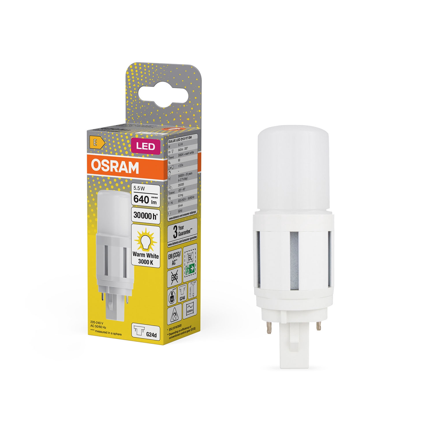 Led-lampe Mit G24d-sockel, 5,5 W, 3000 K, 640 Lumen, 30.000 Stunden Lebensdauer