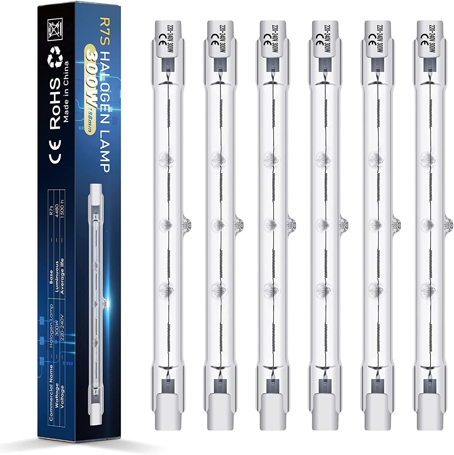 6 Stück Dimmbare Halogenlampen 300 W, 118 Mm, R7s-sockel, 220–240 V, 4480 Lm, 2800 K Warmweiß, J-sockel, Für Arbeits-, Sicherheits- Und Landschaftsbeleuchtung