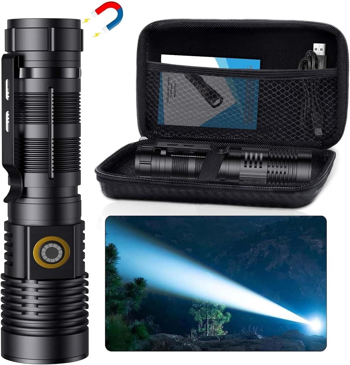 Hoxida 2er-pack Taktische Taschenlampe, 2000 Lumen, Usb-wiederaufladbare Led-taschenlampe Mit 1500 Metern Leuchtweite, Zoombare, Magnetische, Wasserdichte Taschenlampe