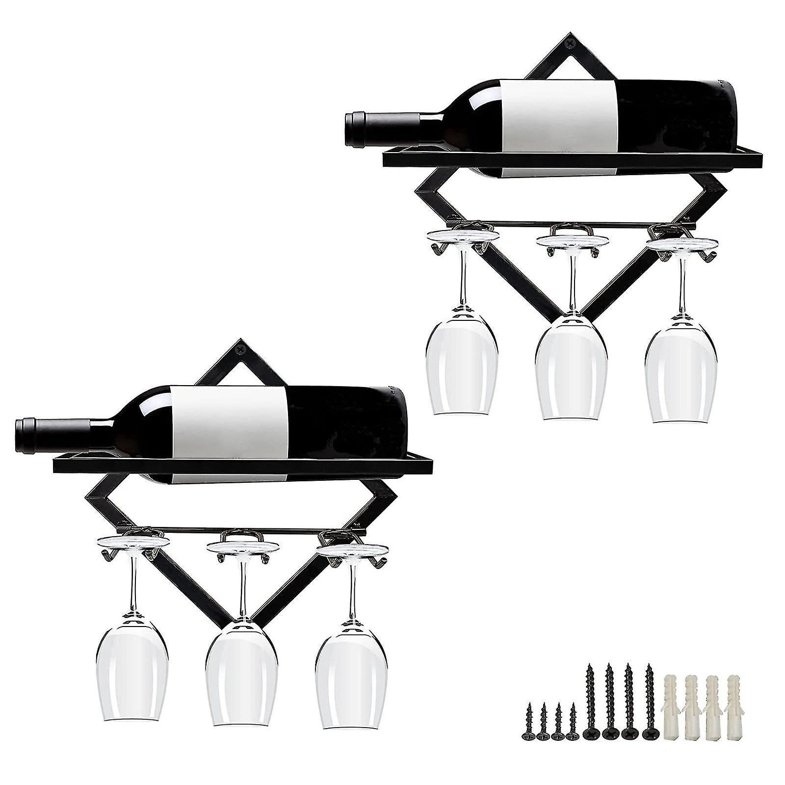 2 Wandmontierte Weinregale Aus Metall, 26,7 X 26,7 Cm (10,5 X 10,5 Zoll) – Ablage Für Küchenbar – Weinglasregal – Schwarz
