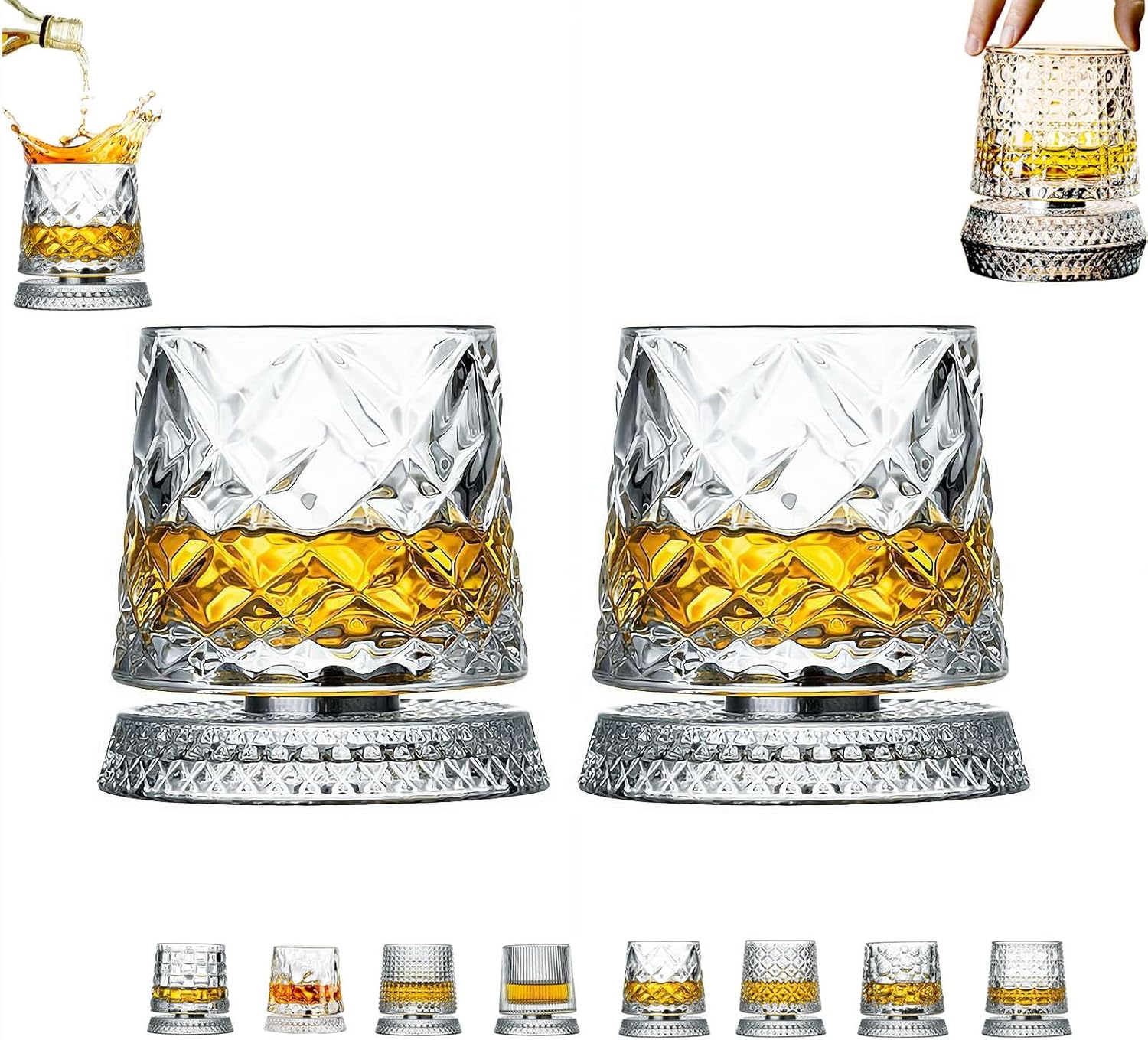 360° Drehbares Whiskyglas, Einzigartiges Drehbares Old Fashioned Whiskyglas Mit Ständer, Weinglas Mit Diamantmuster, Geeignet Für Partys Und Bars (1 Stück)