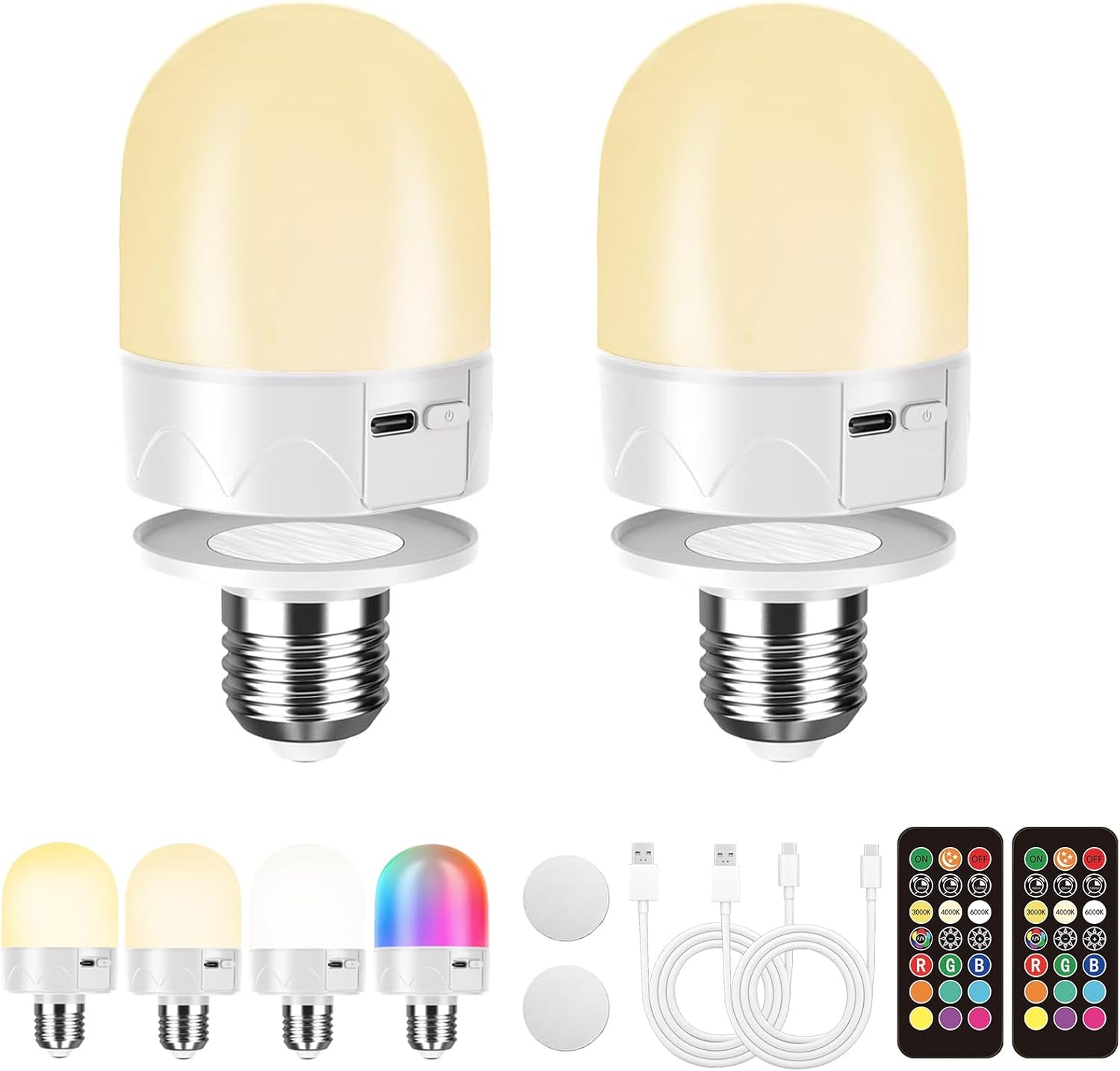 Usb-wiederaufladbare Glühbirne Mit Fernbedienung, E26-batteriebetriebene Glühbirne, Kompatibel Mit Lampen, Rgb-farbwechsel-glühbirne, 12 Farbtemperaturen, Dimmbar, 3