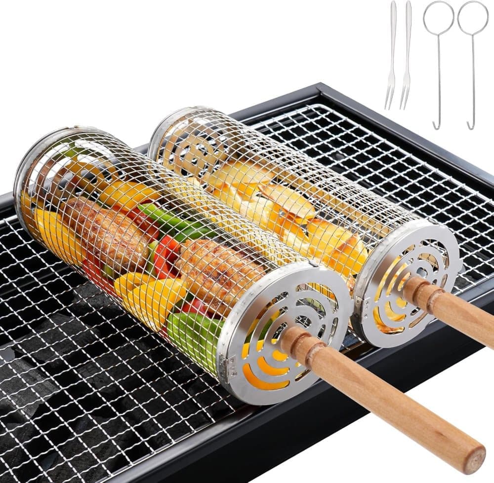 Lollanda Grillkorb (1/2 Stück), Edelstahl, Rollbar, Für Camping Und Garten, Mit 21/31 Cm Holzgriff.