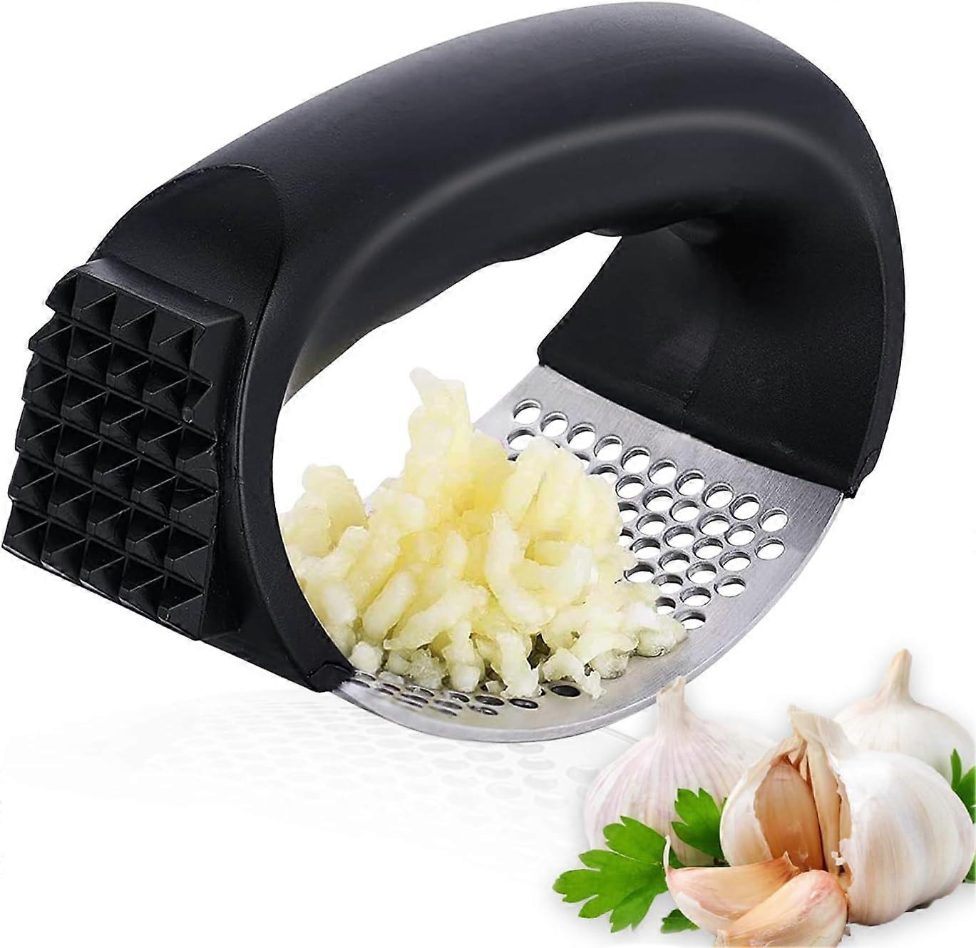 Knoblauchpresse Mit Halterung, Super Einfach Zu Bedienen Und Zu Reinigen, Knoblauchpresse Und Zerkleinerer Aus Edelstahl, Lebensmittelecht, Leistungsstark (schwarz)