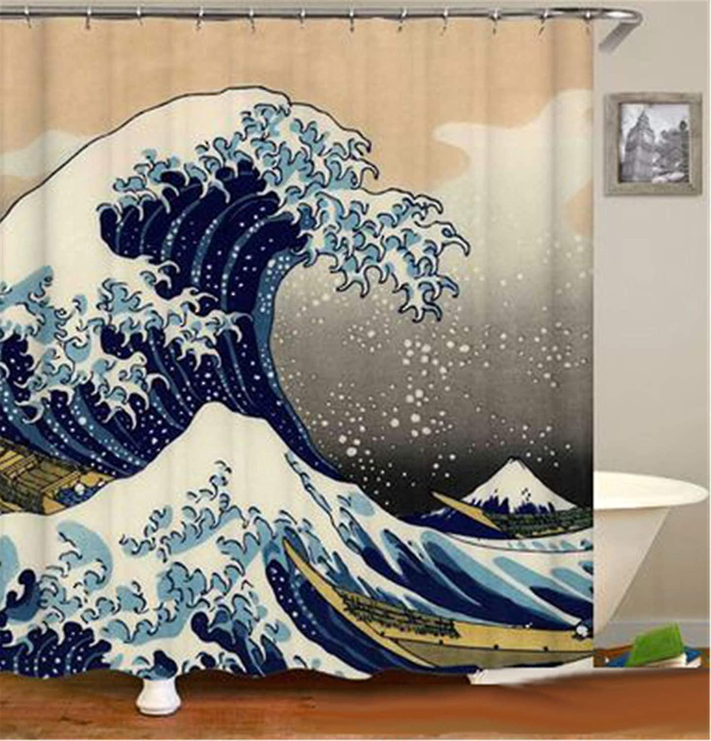 Duschvorhang Im Japanischen Wellen-design, Kanagawa Wave, Nautisches Stoff-duschvorhang-set Mit Haken, Wasserdicht, Waschbar