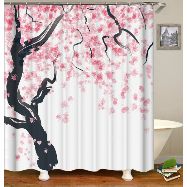 Duschvorhang Mit Blumenmuster, 180 Cm X 200 Cm, Rosa-schwarz, Kirschblüte