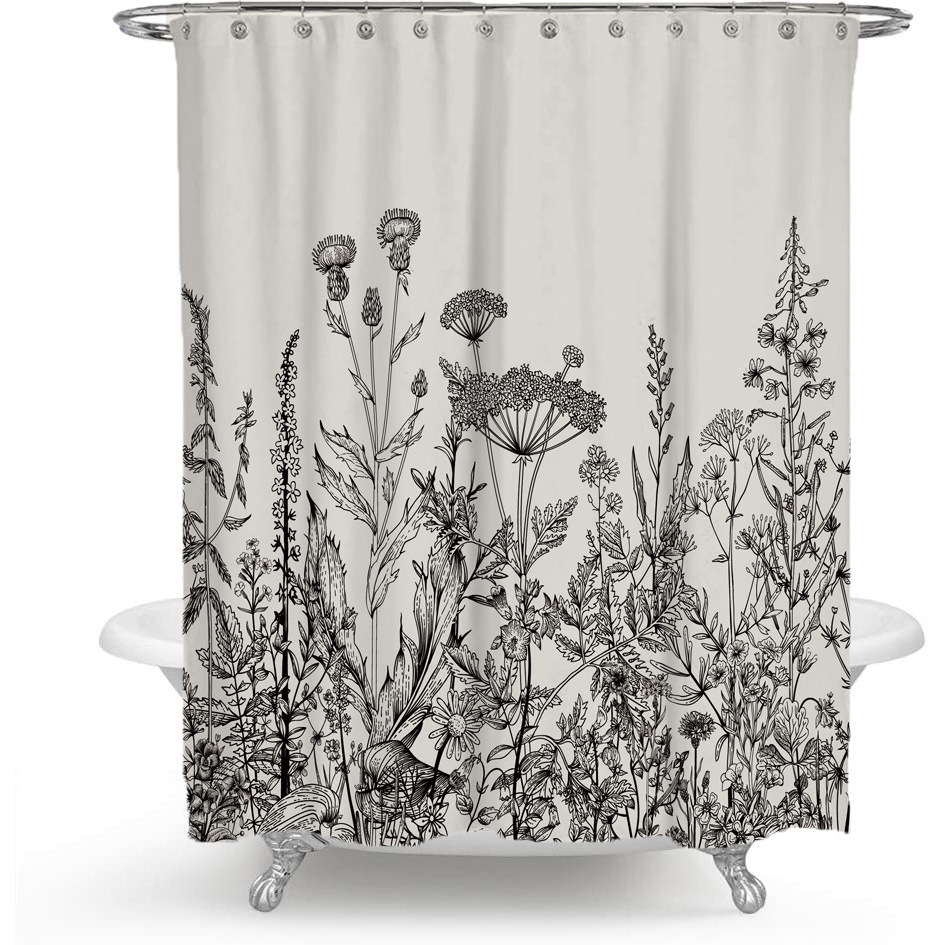 Schwarz-weißer Duschvorhang Mit Blumenmuster Und 12 Kunststoffhaken