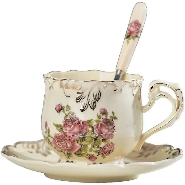 Rosafarbenes Rosen-teeset Mit Tasse Und Untertasse, 240 Ml, Elfenbeinweiße Keramiktasse Mit Untertasse Und Löffel
